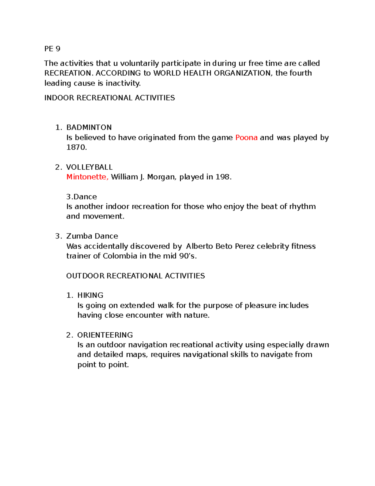 PE 9: Overview of Indoor and Outdoor Recreational Activities - Studocu
