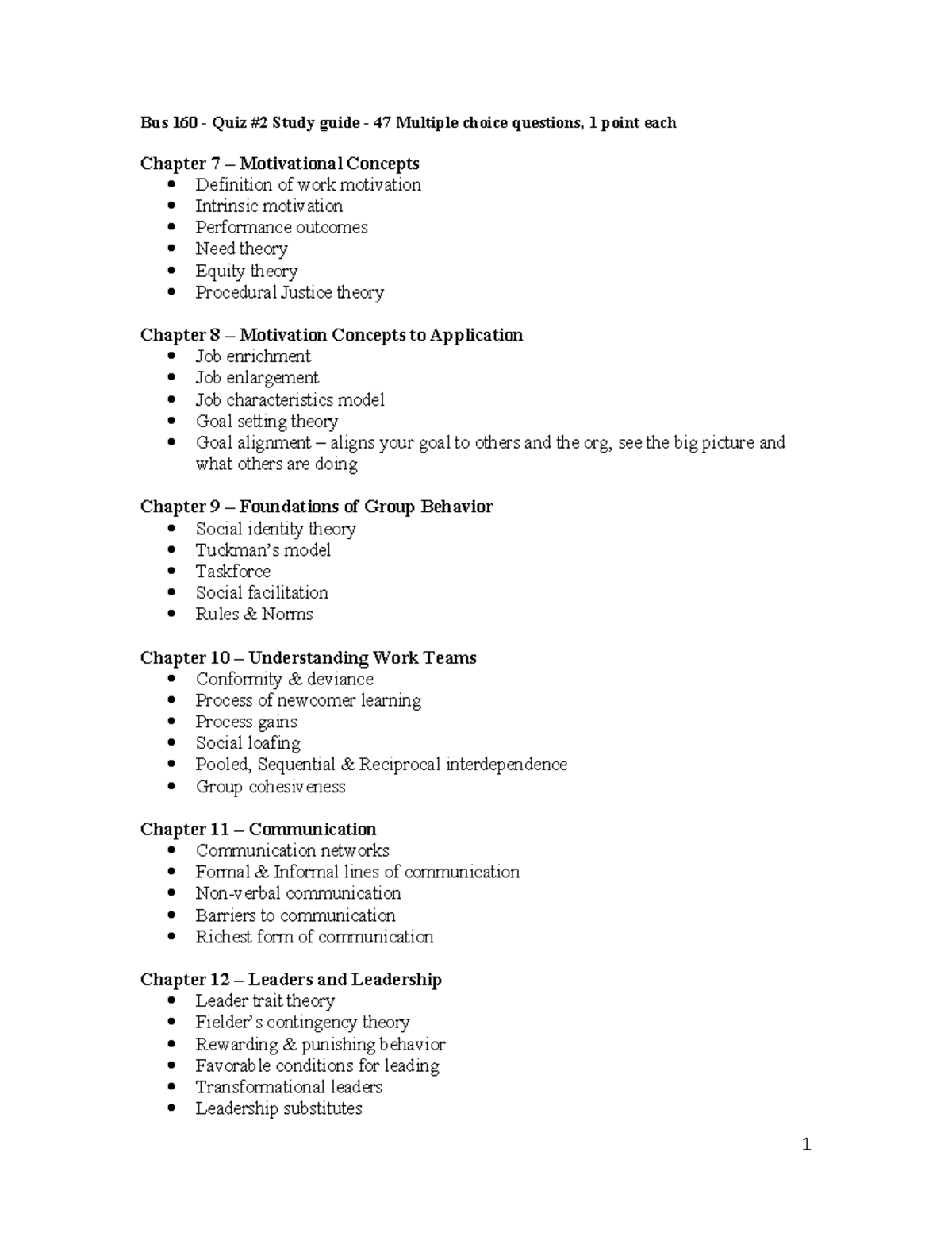 Bus 160 - Quiz #2 Study Guide - Key Motivational & Group Concepts - Studocu