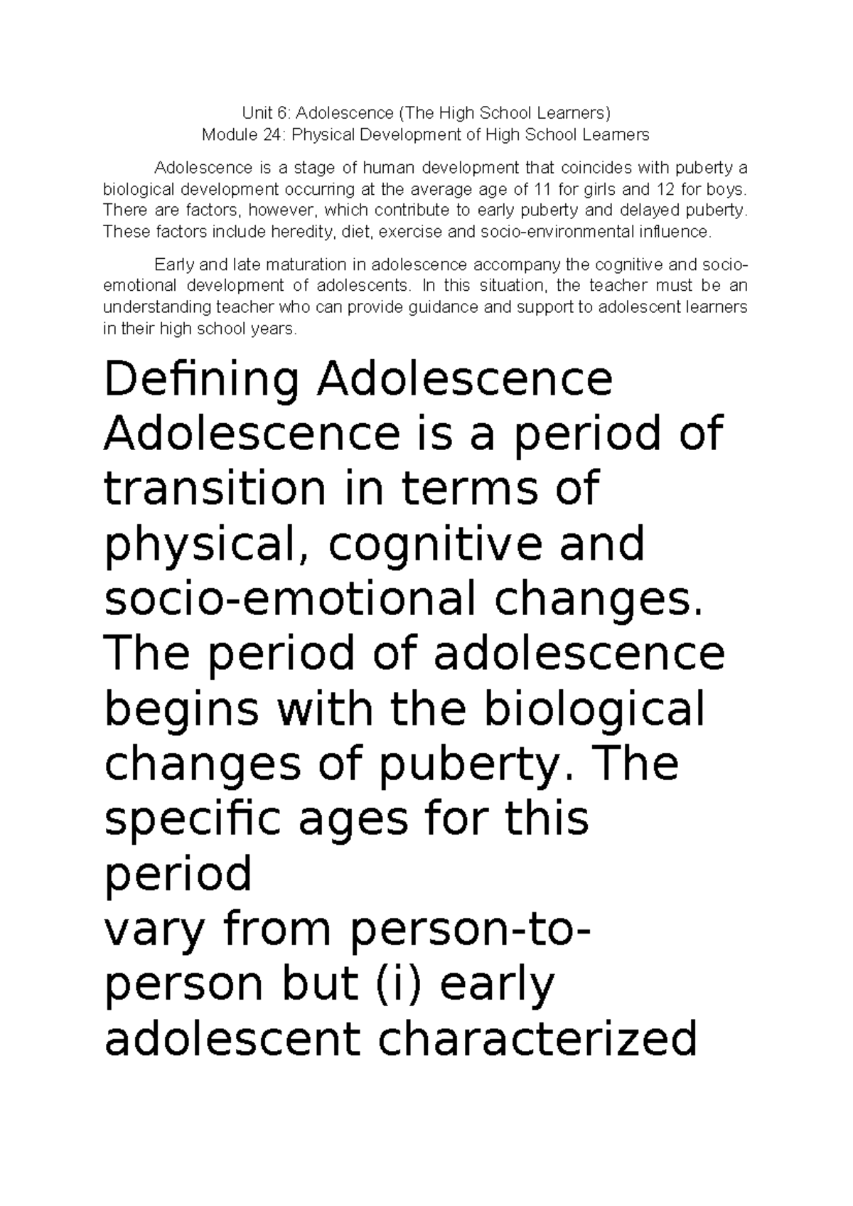 Adolescence Unit 6: Exploring Physical and Emotional Development - Studocu