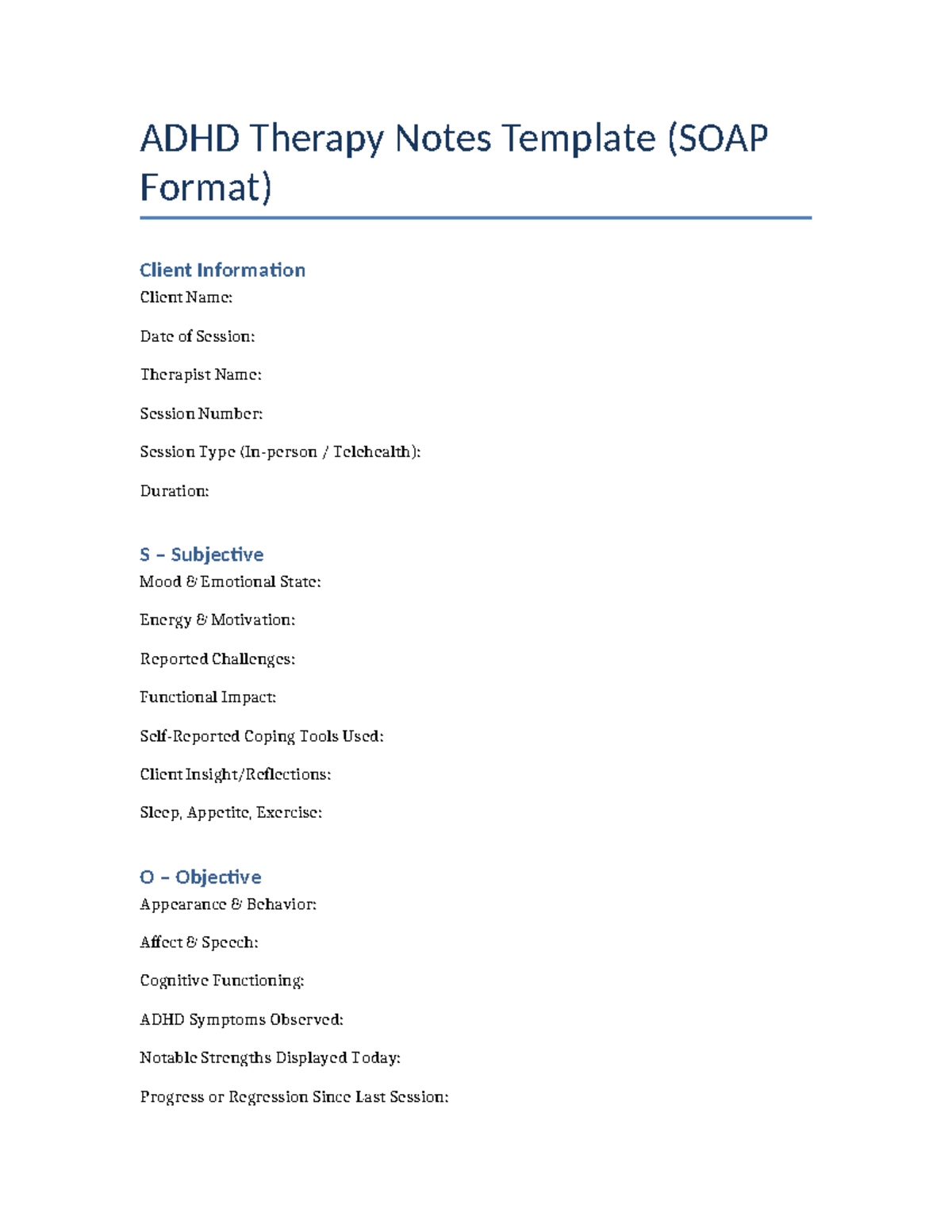 ADHD Therapy Notes Template (SOAP) - Fillable Version - Studocu