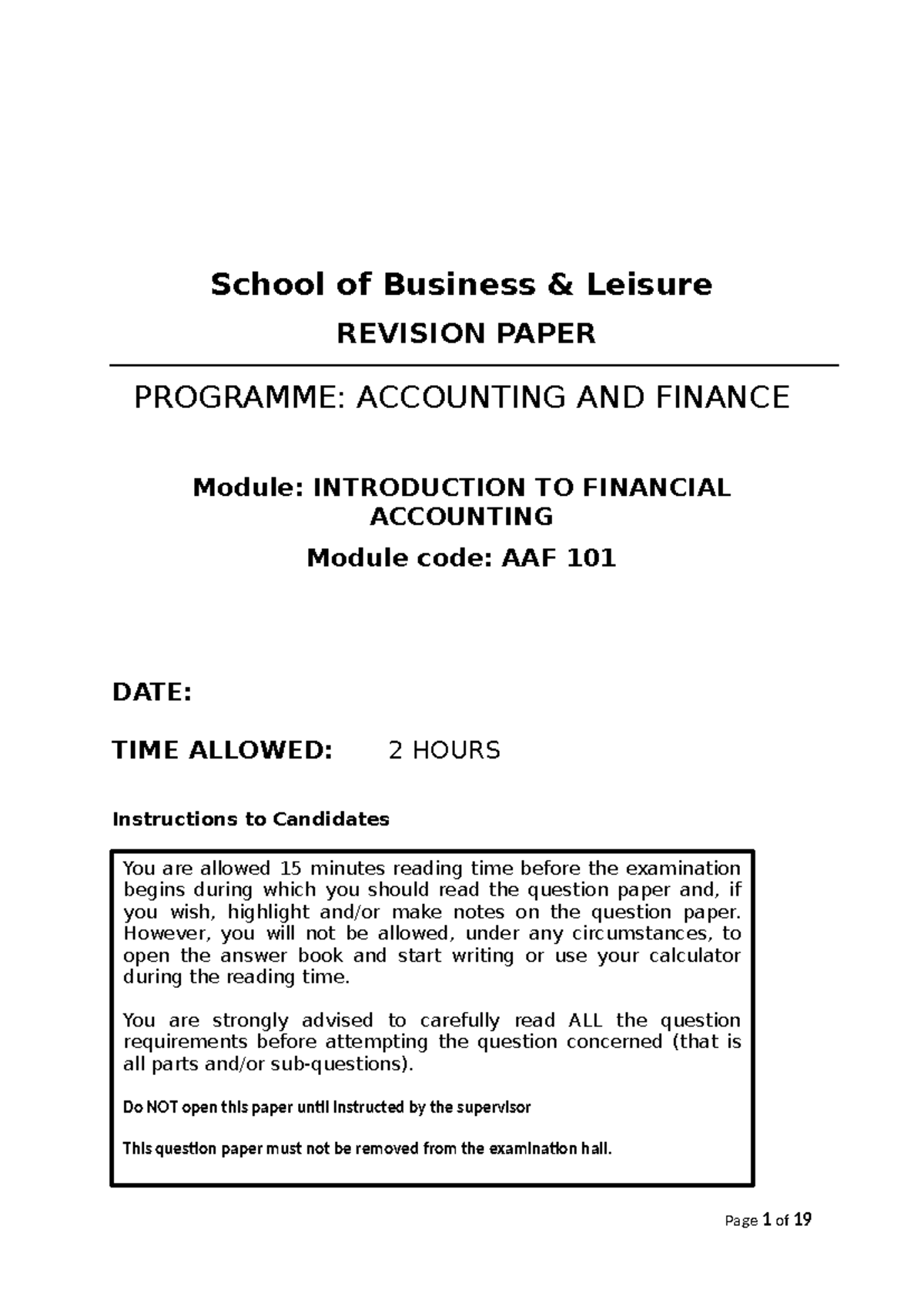 AAF 101 Final Exam Revision: Introduction to Financial Accounting - Studocu
