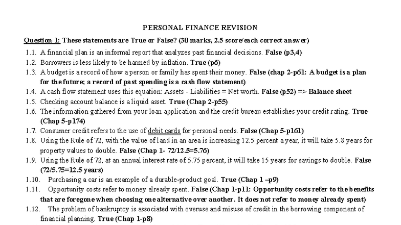 PF- Final Exam Revision: True or False Questions on Personal Finance ...
