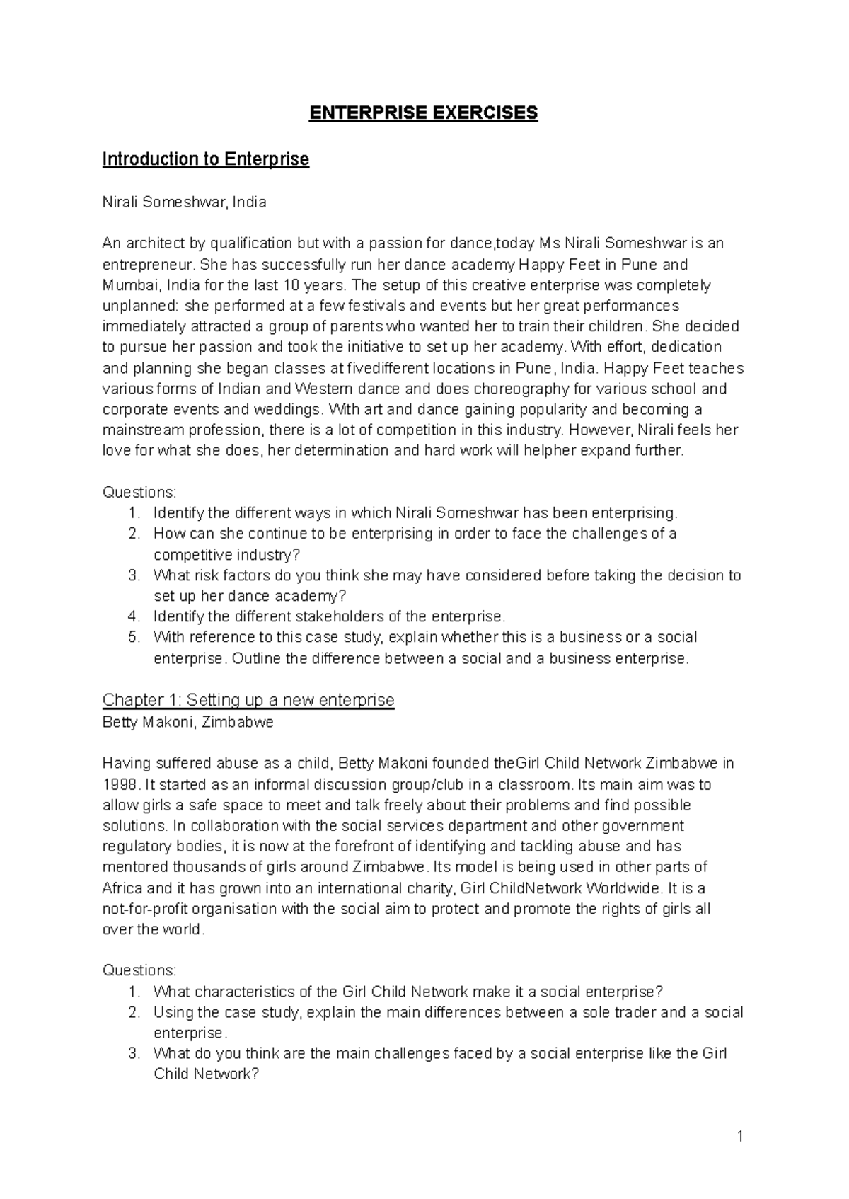 ENTERPRISE EXERCISES: Case Studies and Exam Style Questions (Chapter 1 ...