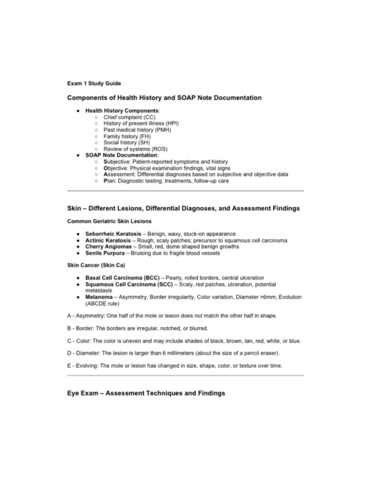 NUR 101 Exam 1 Study Guide: Health History & SOAP Notes - Studocu