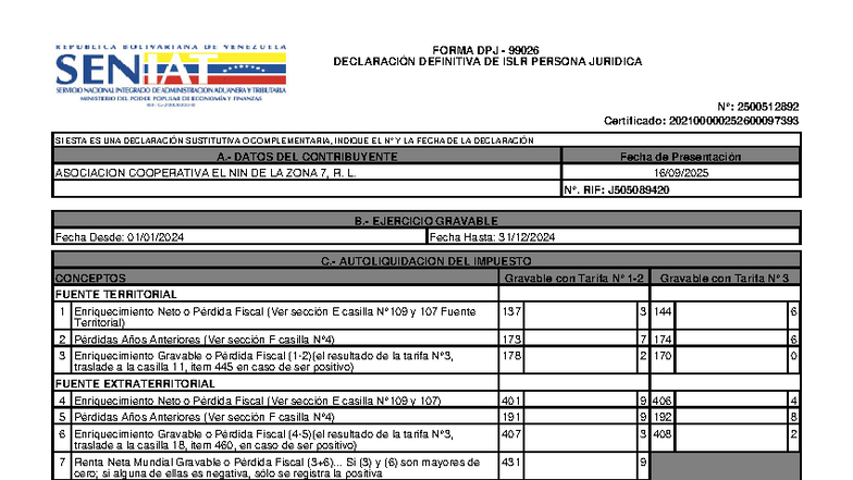 Declaración Definitiva ISLR Persona Jurídica 99026 - Coop El Nin 7 ...