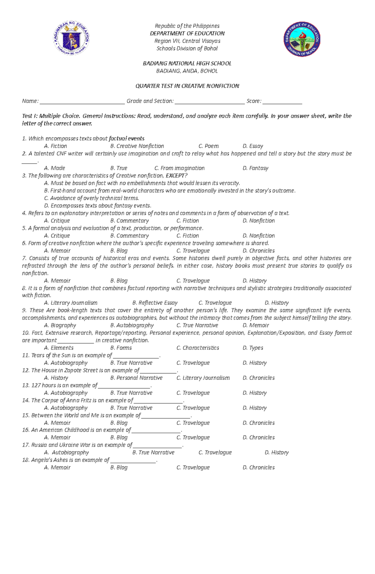 Quarter Test in Creative Nonfiction (CNF) - 3rd Quarter Exam - Studocu