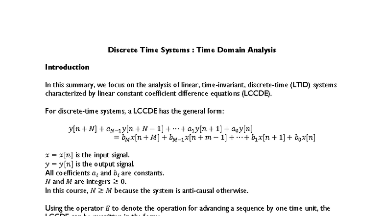 Summary of Discrete Time Systems: Time Domain Analysis (Course Code ...
