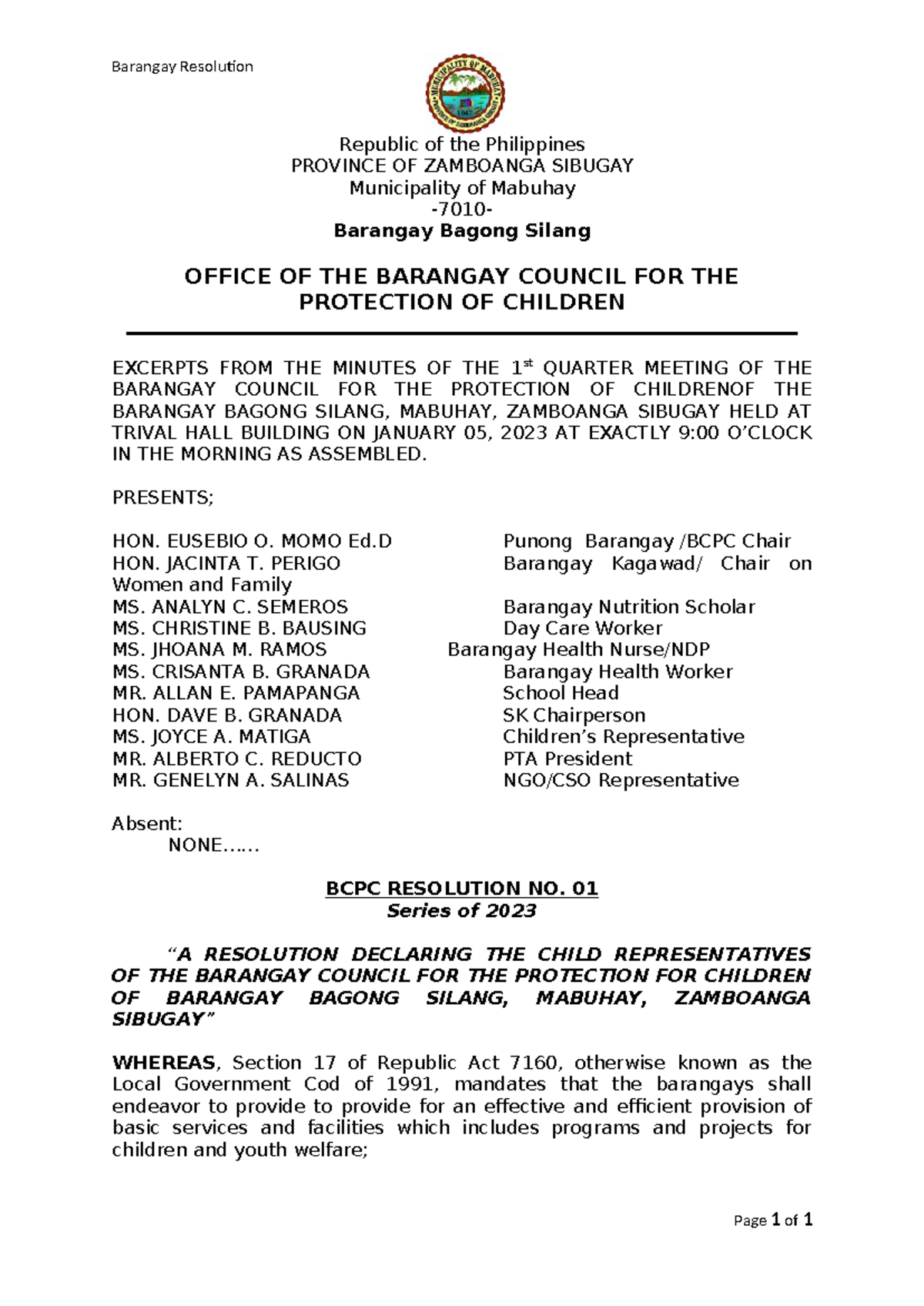 2 Child Representation for BCPC - Barangay Resolution Republic of the ...