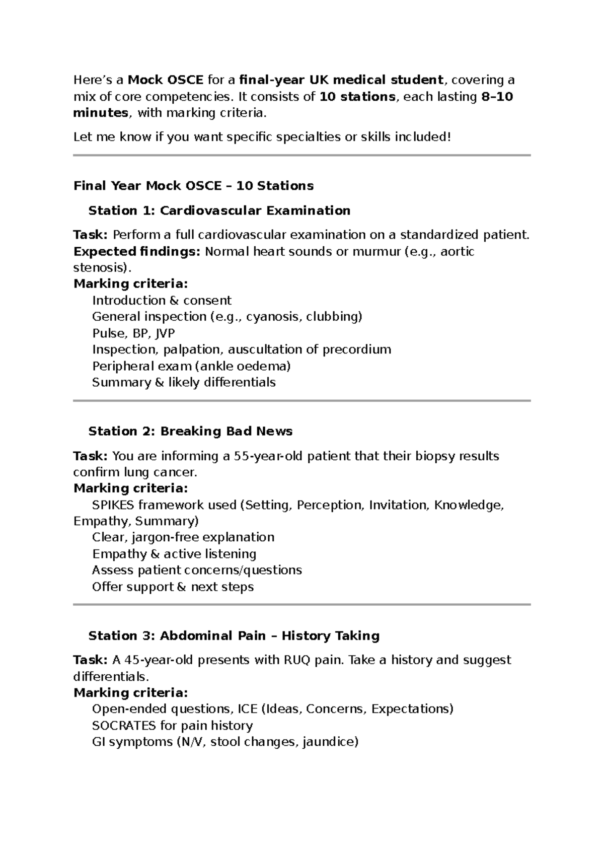 Final Year Mock OSCE (10 Stations) - Core Competencies Guide - Studocu