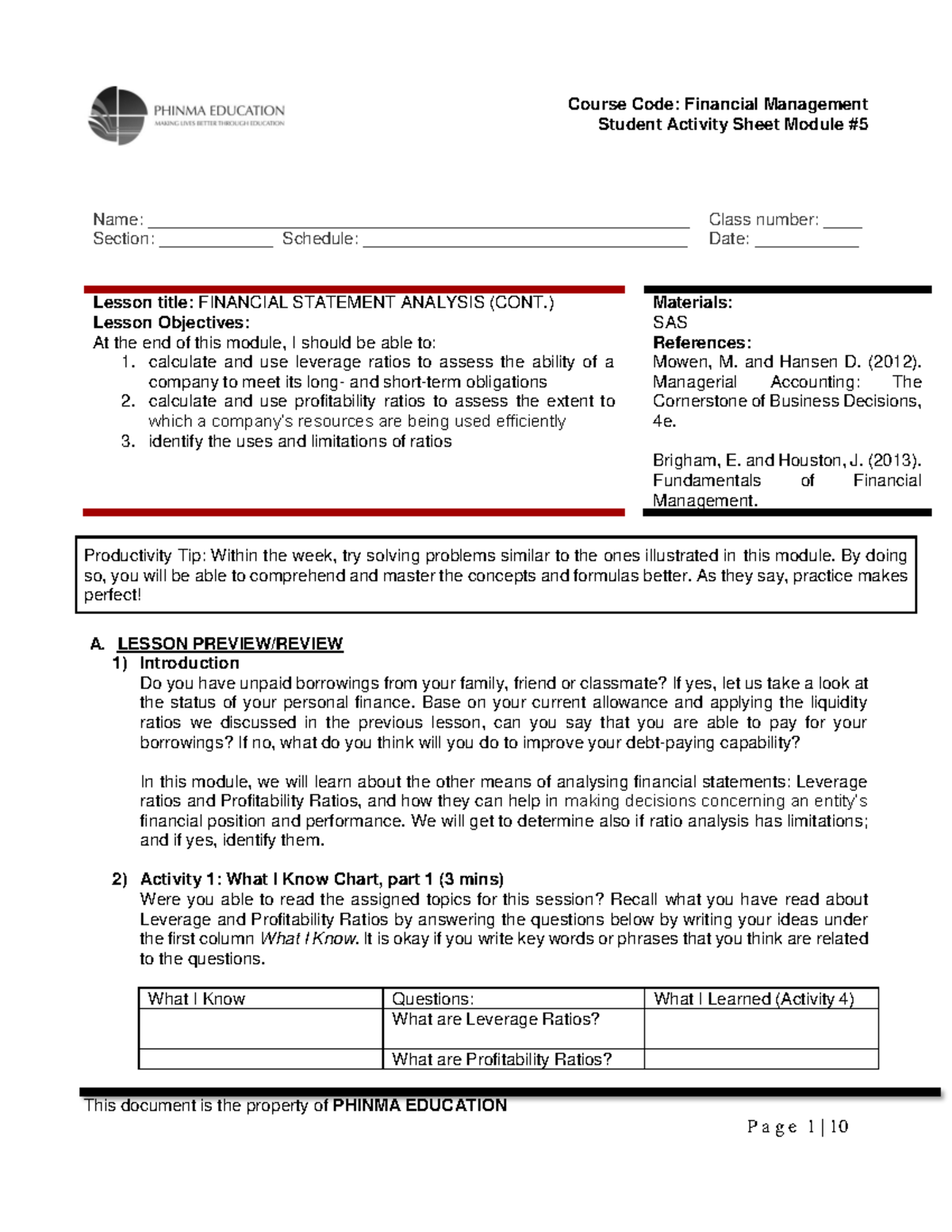 SAS5-FIN081 - FIN-MAR - Student Activity Sheet Module # Name: - Studocu