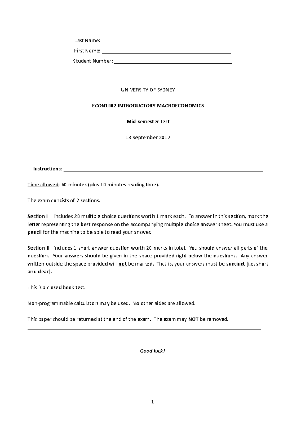 ECON1002 Midterm Exam 2017: Questions & Answers Guide - Studocu