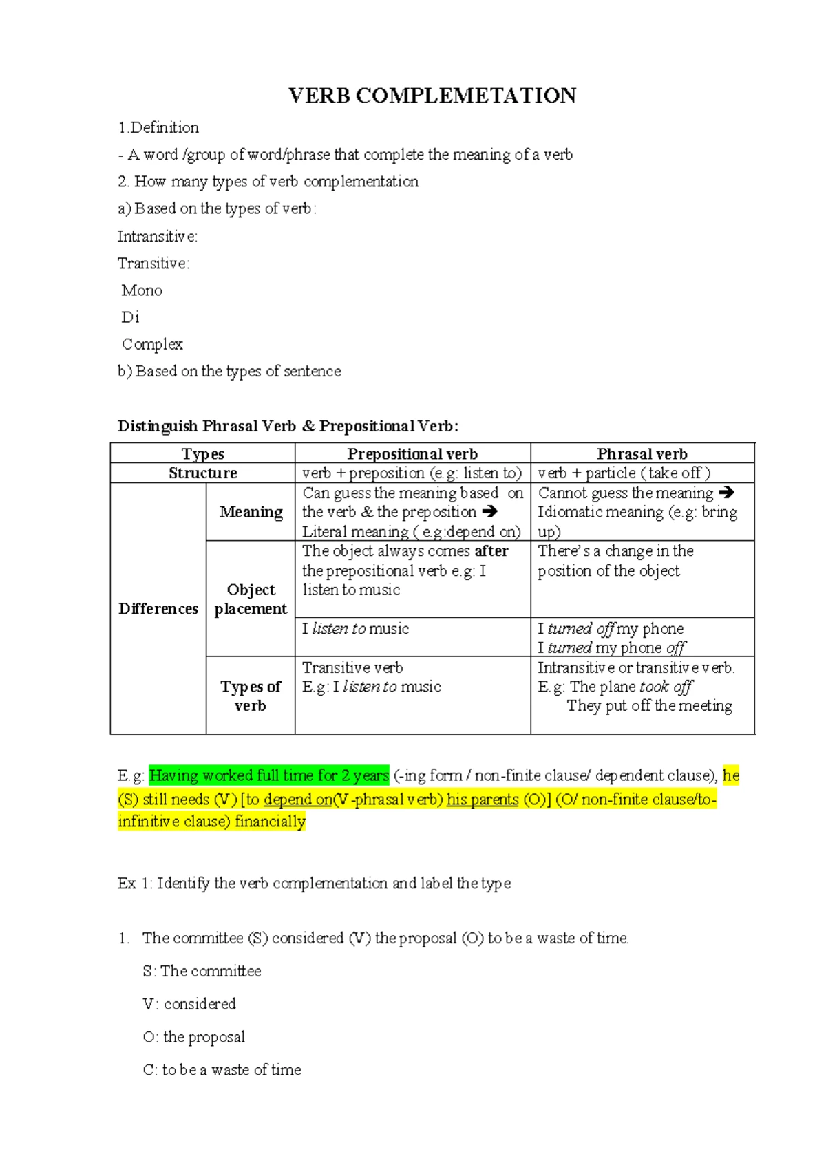 Verb Complementation - Practice Notes for English Grammar - Studocu