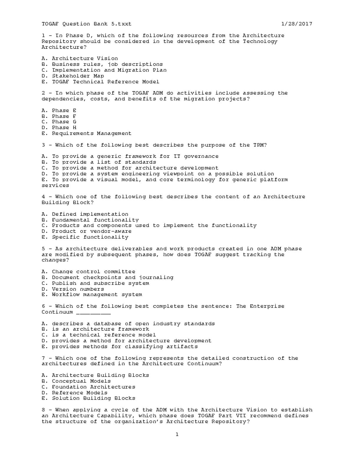 TOGAF Question Bank for Architecture Exam - Version 5 - Studocu