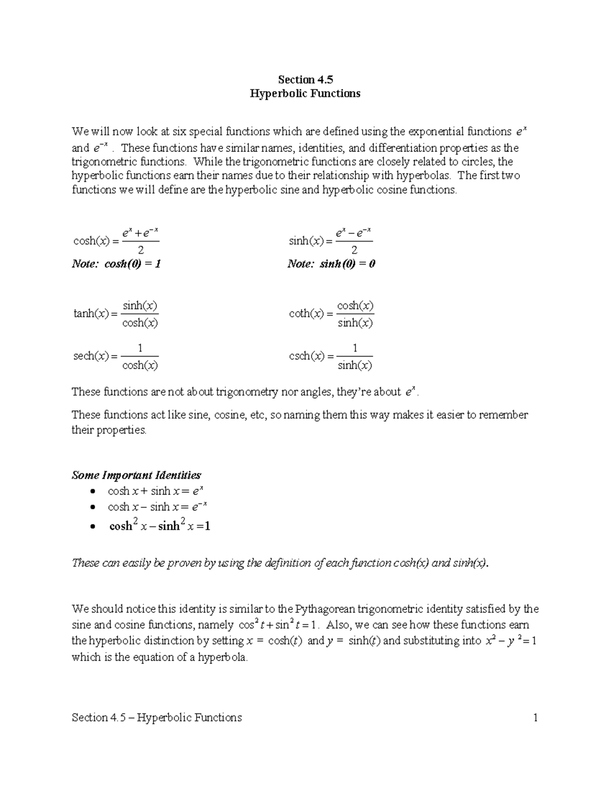 Unit 4.5 Calculus I: Understanding Hyperbolic Functions - Studocu