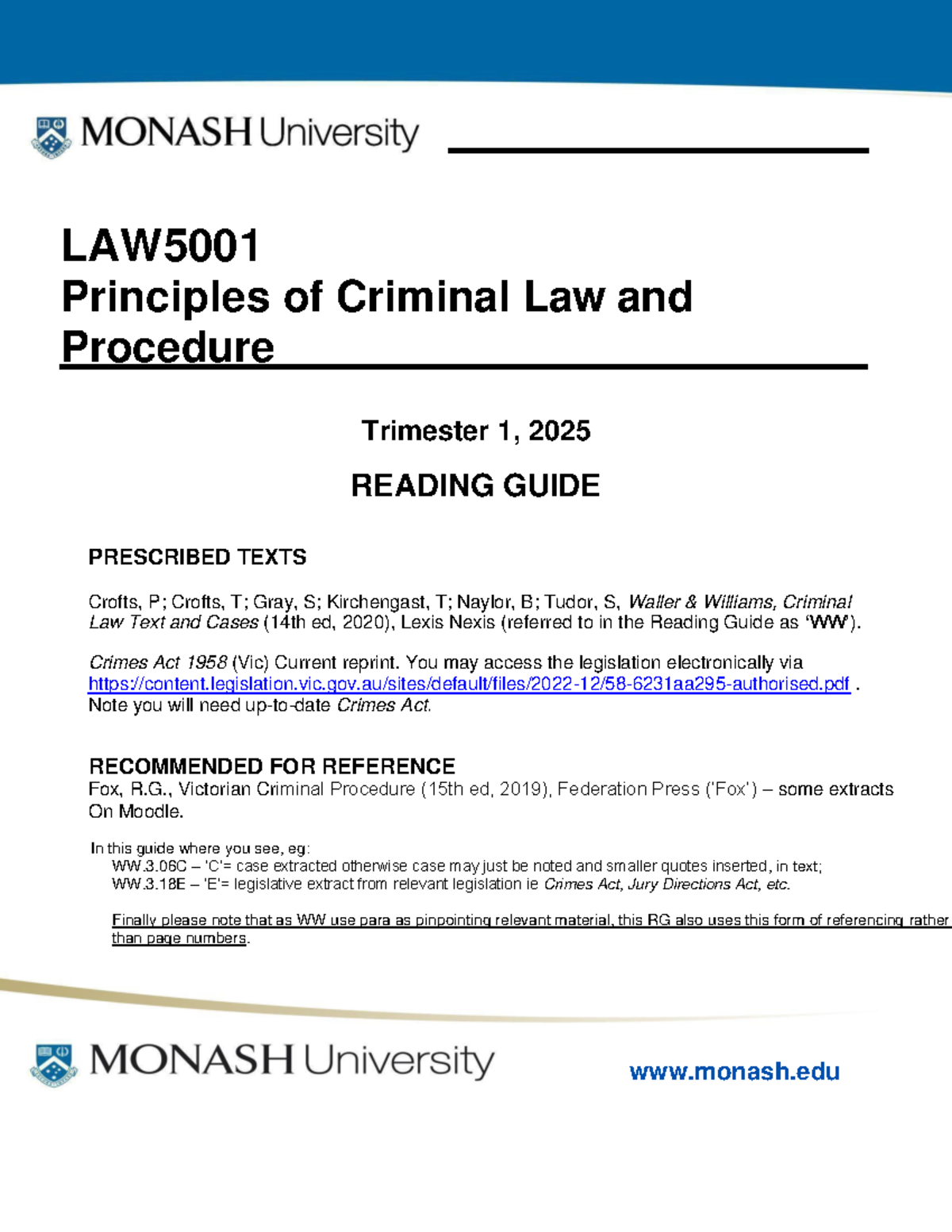 LAW5001 Criminal Law & Procedure Trimester 1, 2025 Reading Guide - Studocu