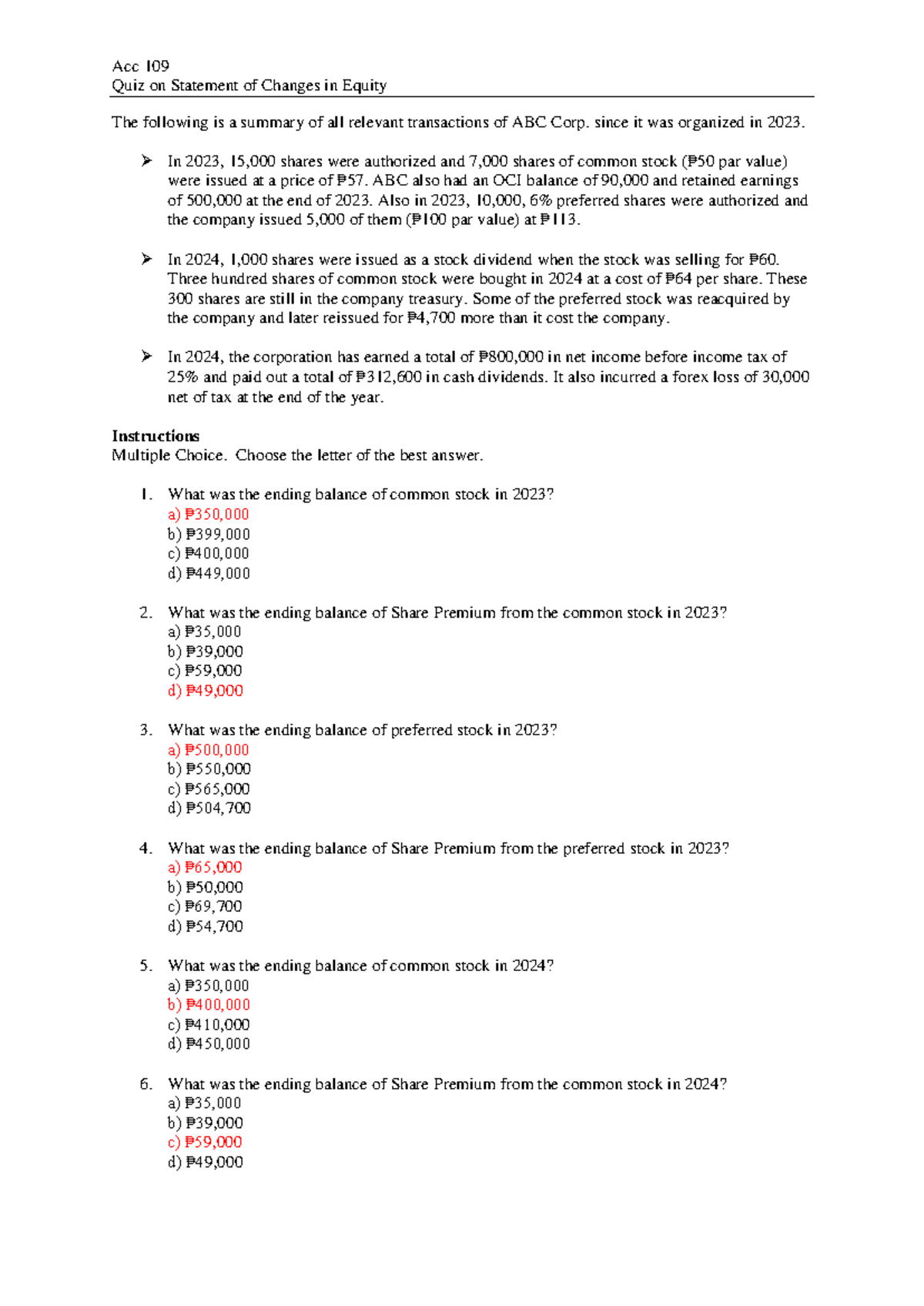 Acc 109 Quiz: Statement of Changes in Equity Analysis - Studocu