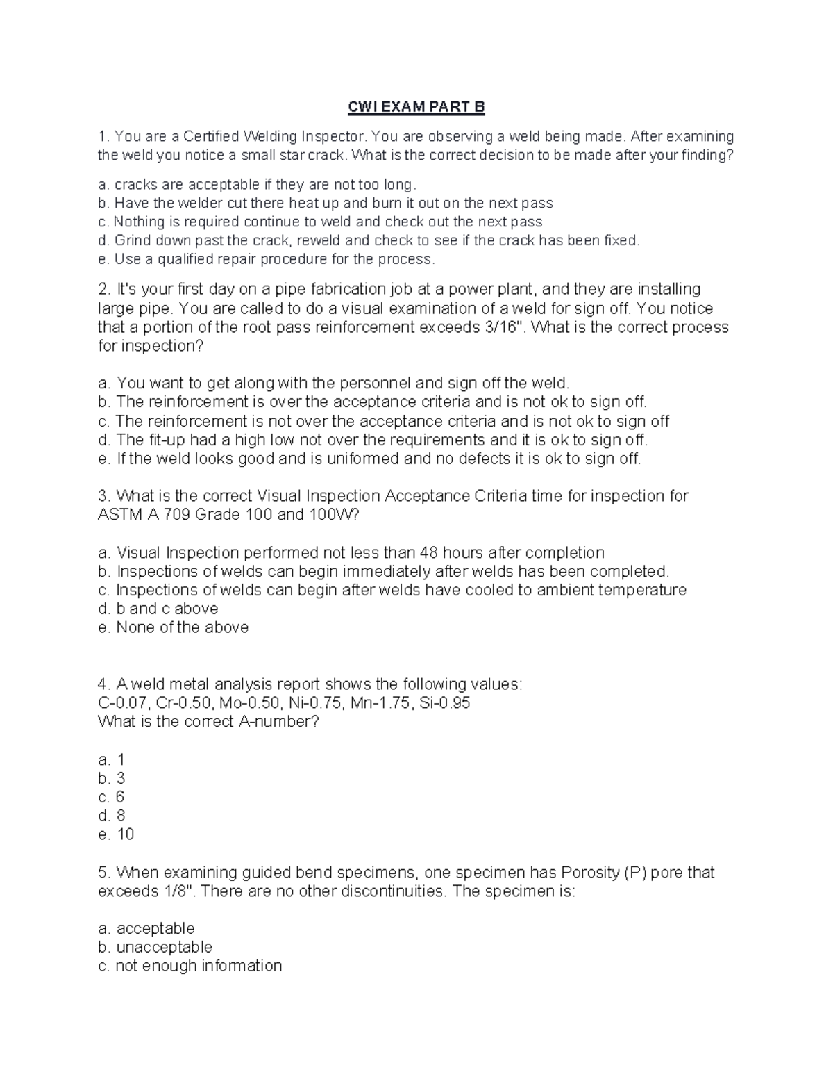 CWI EXAM PART B: Visual Inspection & Welding Criteria - Studocu