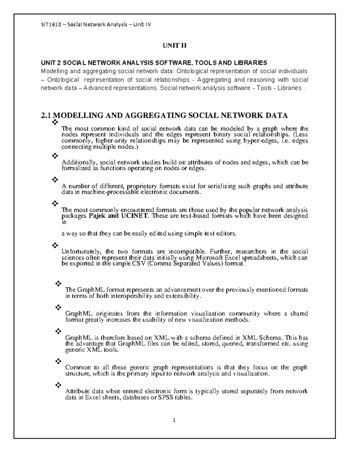 SNA 202 - Unit 2 Lecture Notes on Social Network Analysis Tools - Studocu