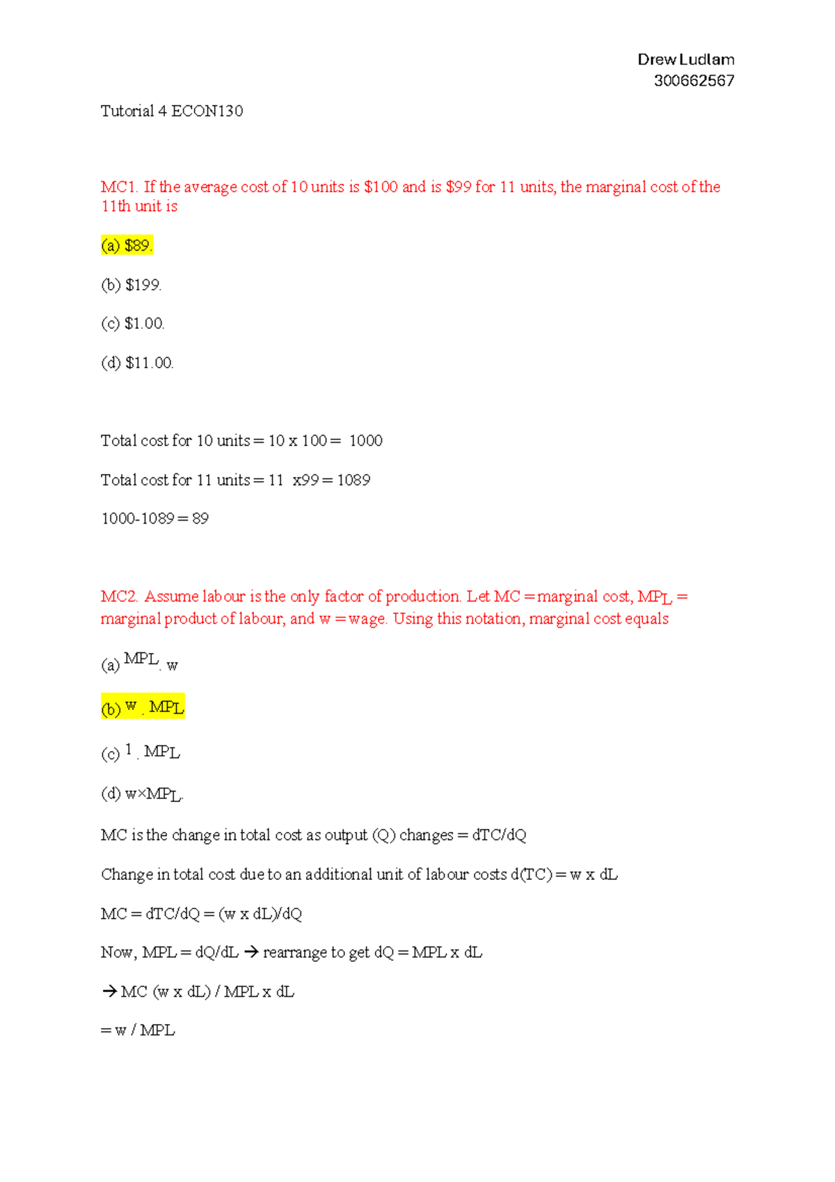 Tutorial 4 Notes for ECON 300662567: Marginal Cost Analysis - Studocu