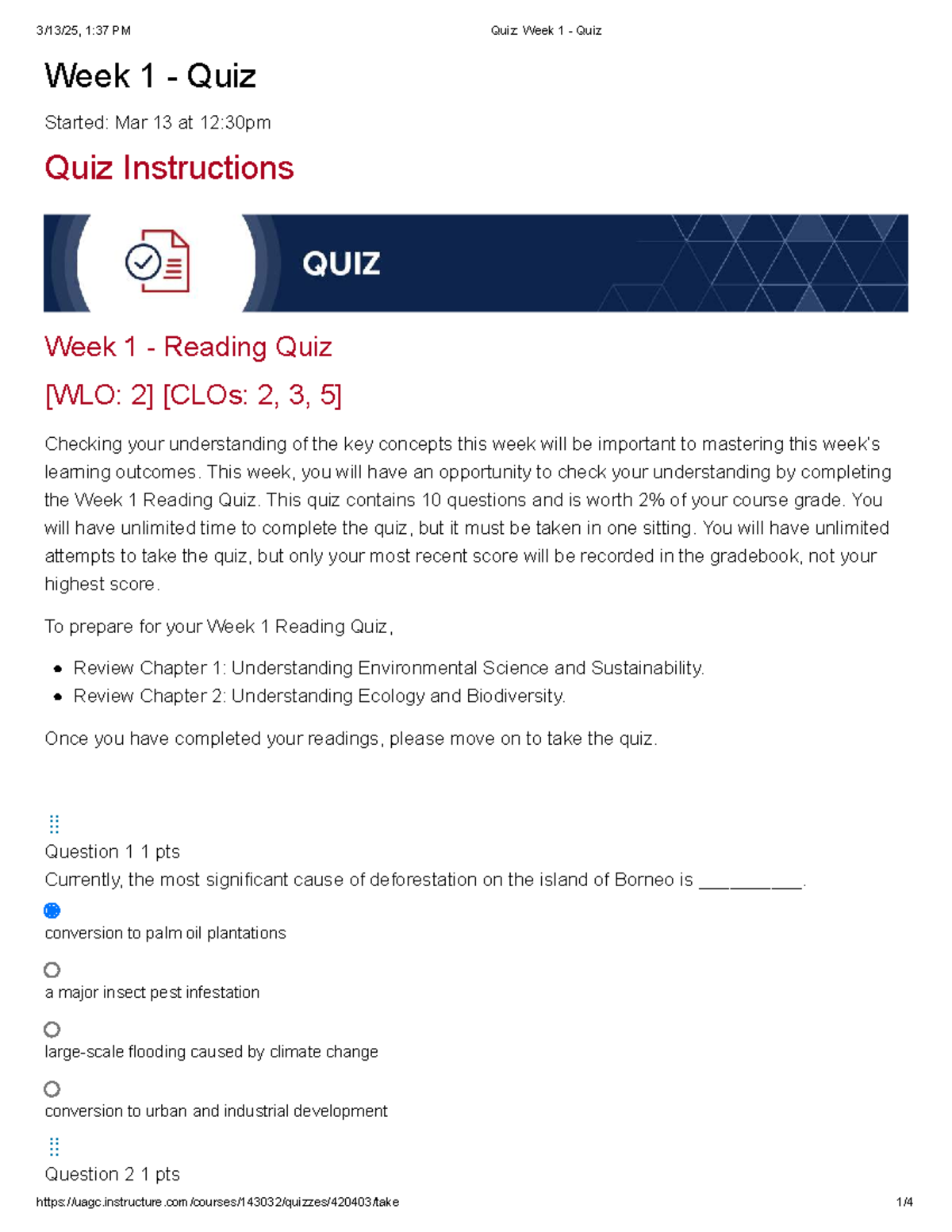 Quiz Week 1 - Quiz - NA N A - Week 1 - Quiz Started: Mar 13 at 12:30pm ...