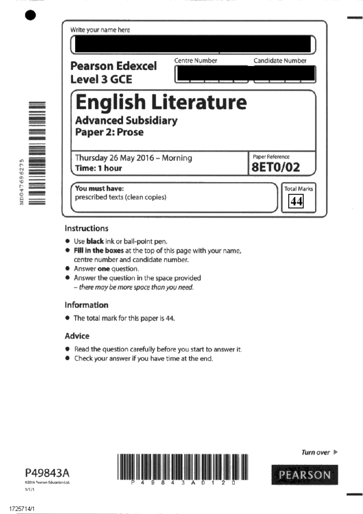 Exemplar A - Write your name here Centre Number Candidate Number ...