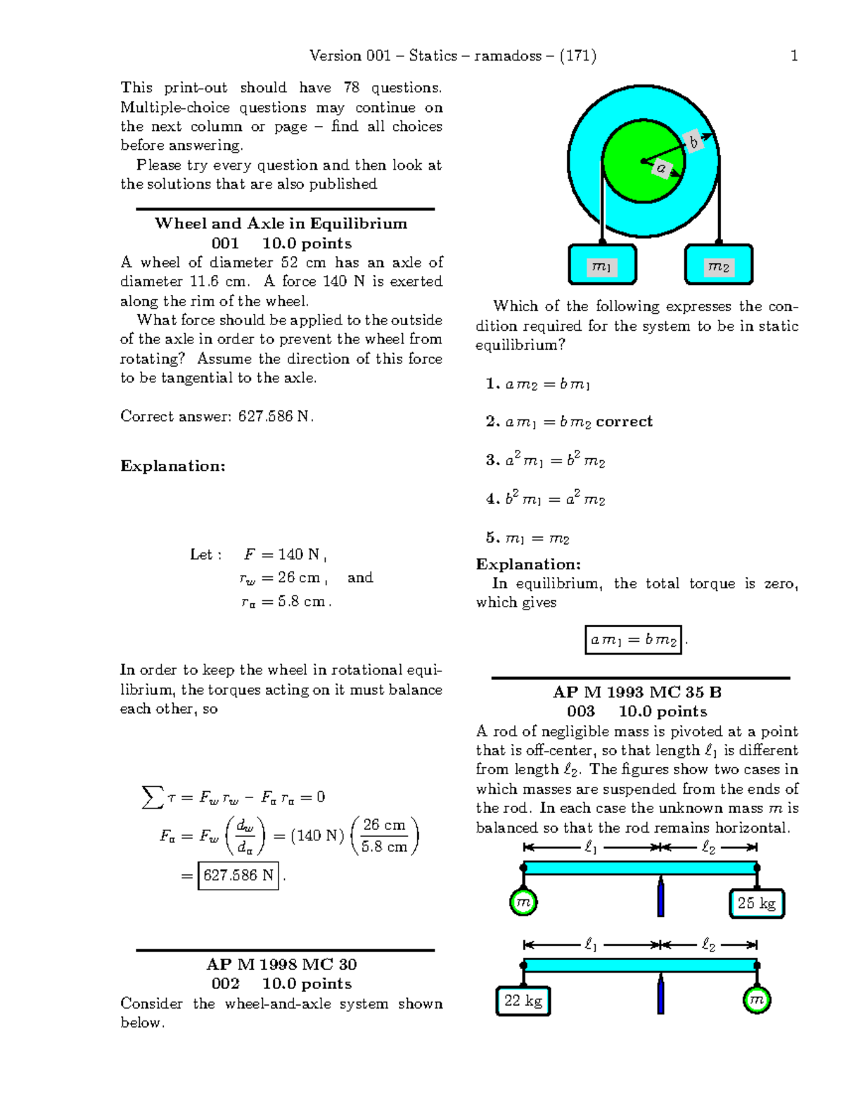 Statics-explanation - review material - This print-out should have 78 ...