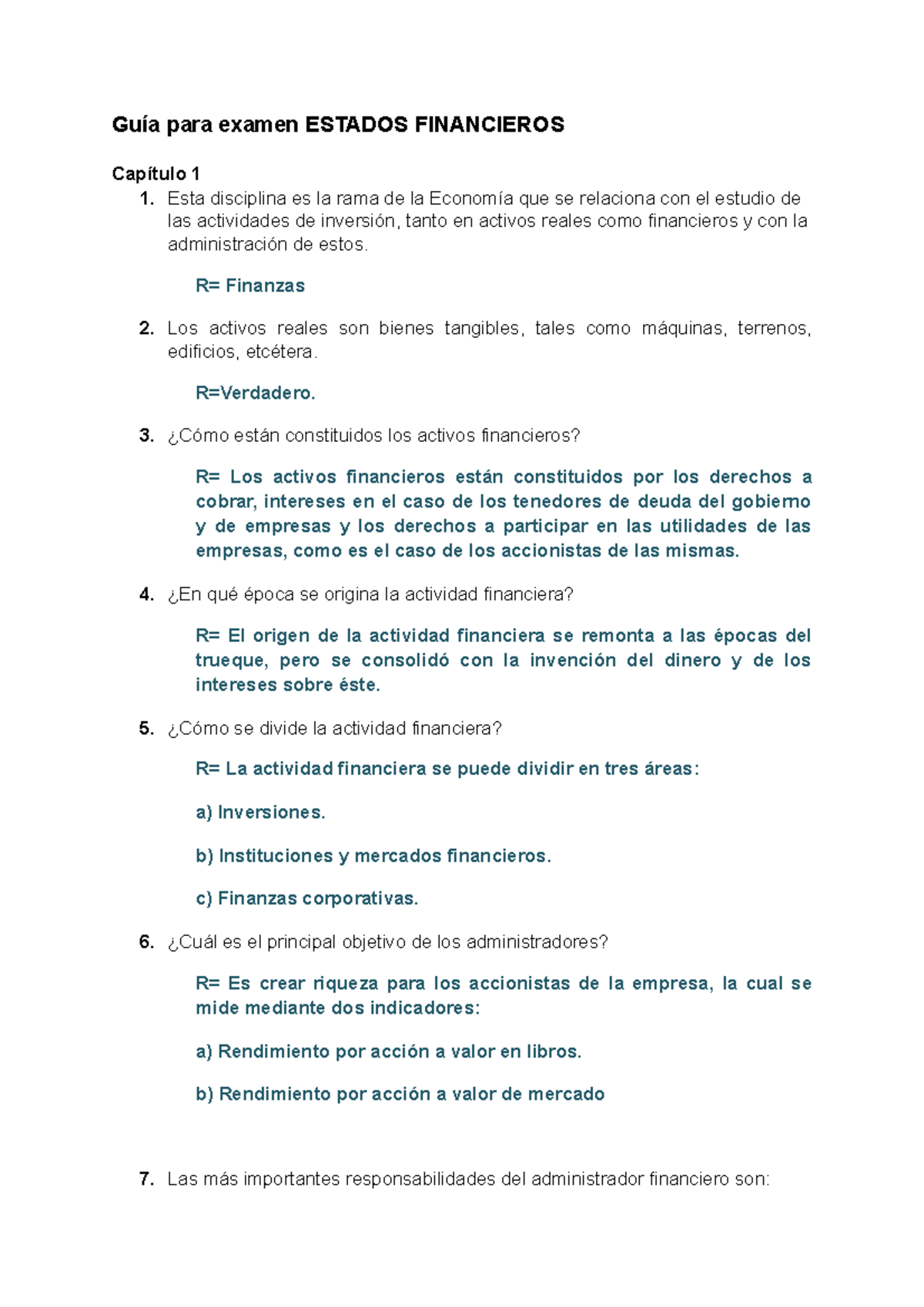 Guía de Estudio para el Examen de Finanzas - Estados Financieros - Studocu
