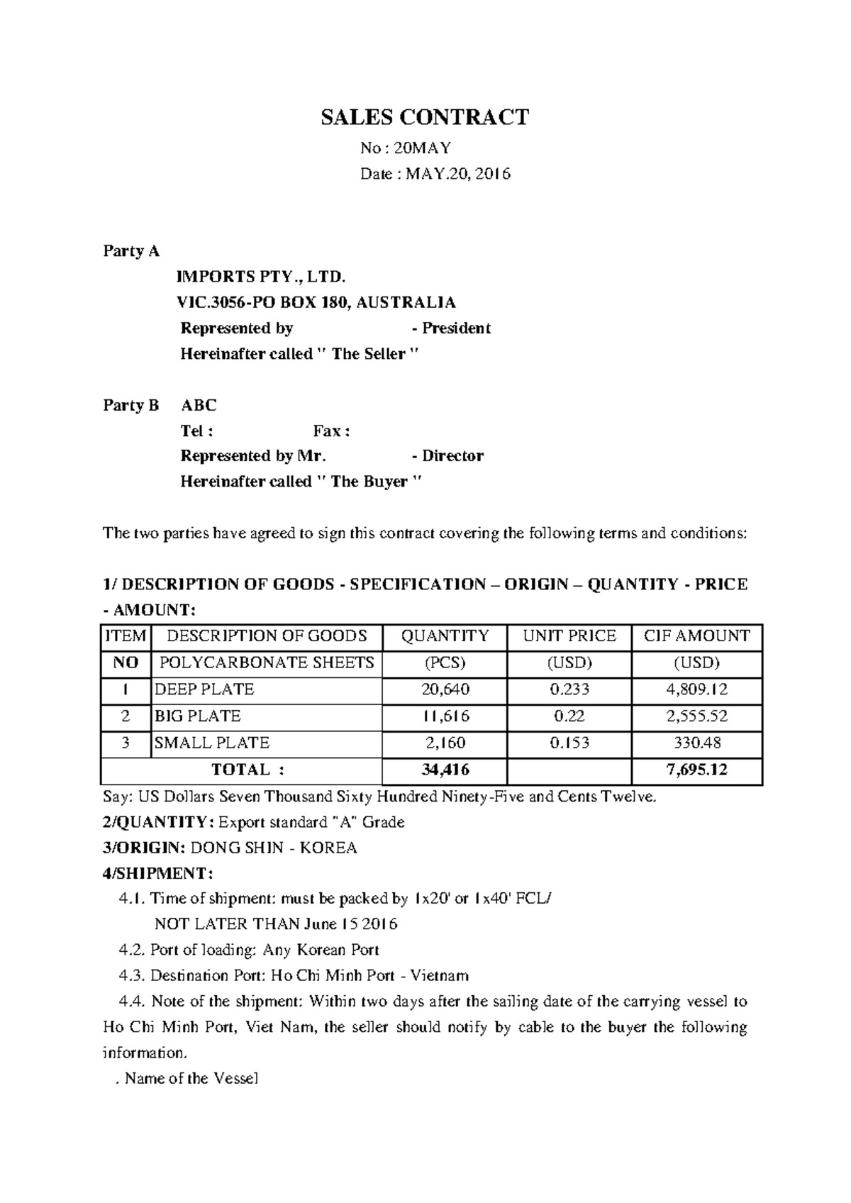 Contract 4 - Sales Contract for International Economic Agreement - Studocu