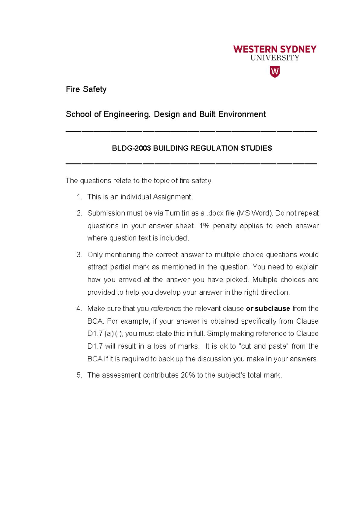 BLDG-2003 Fire Safety Assessment 1 - Individual Assignment Guidelines ...