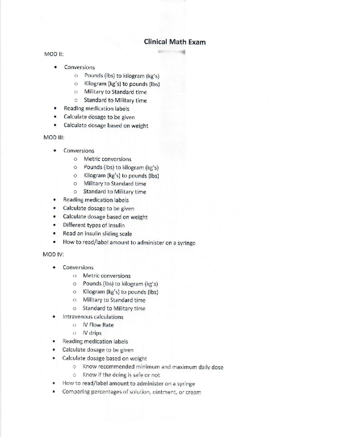 Clinical Math Exam Study Guide MOD II: Conversions & Dosage ...