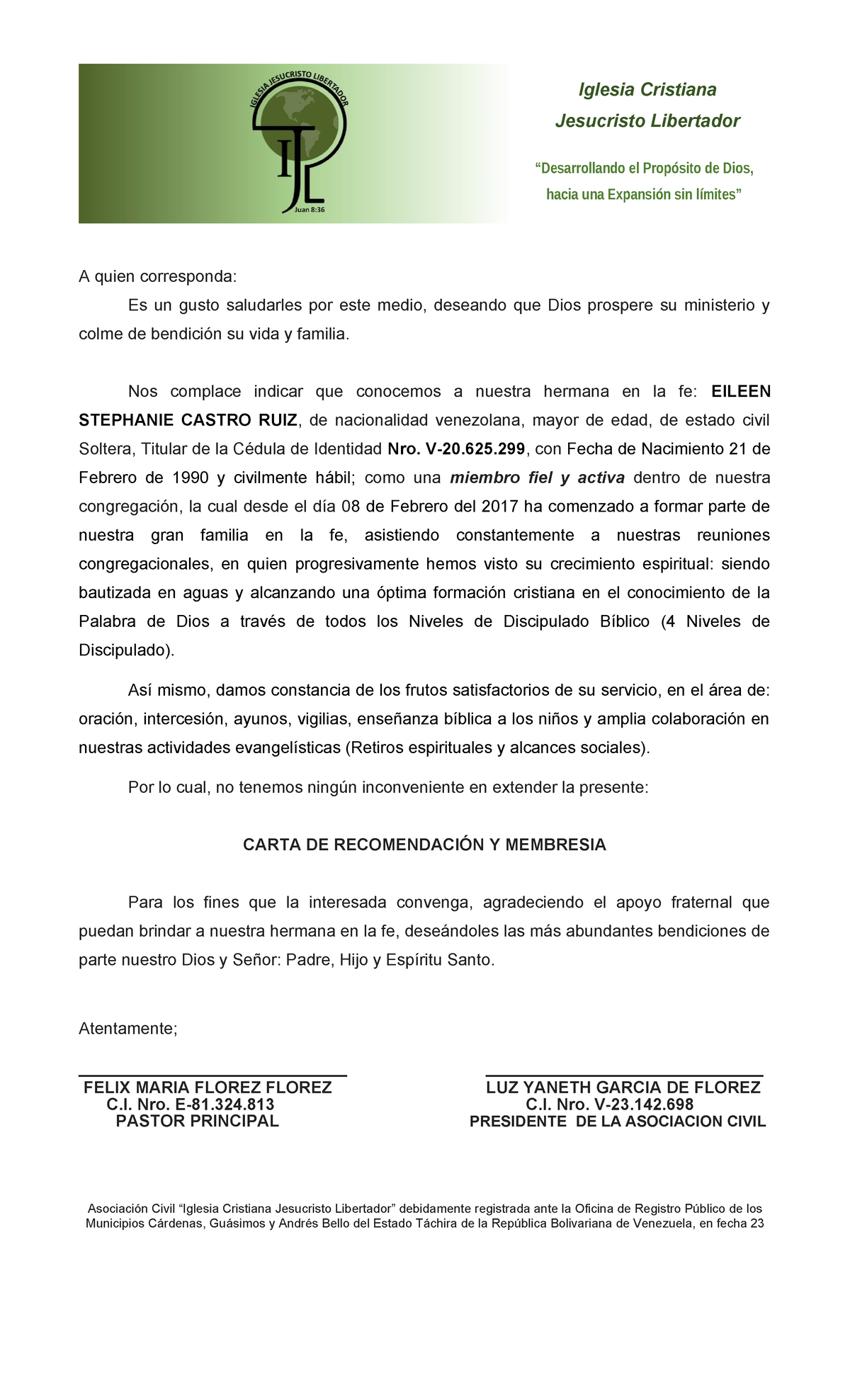 Carta de Recomendación y Membresía - Iglesia Cristiana J.L. - Studocu, image size:1200x1976