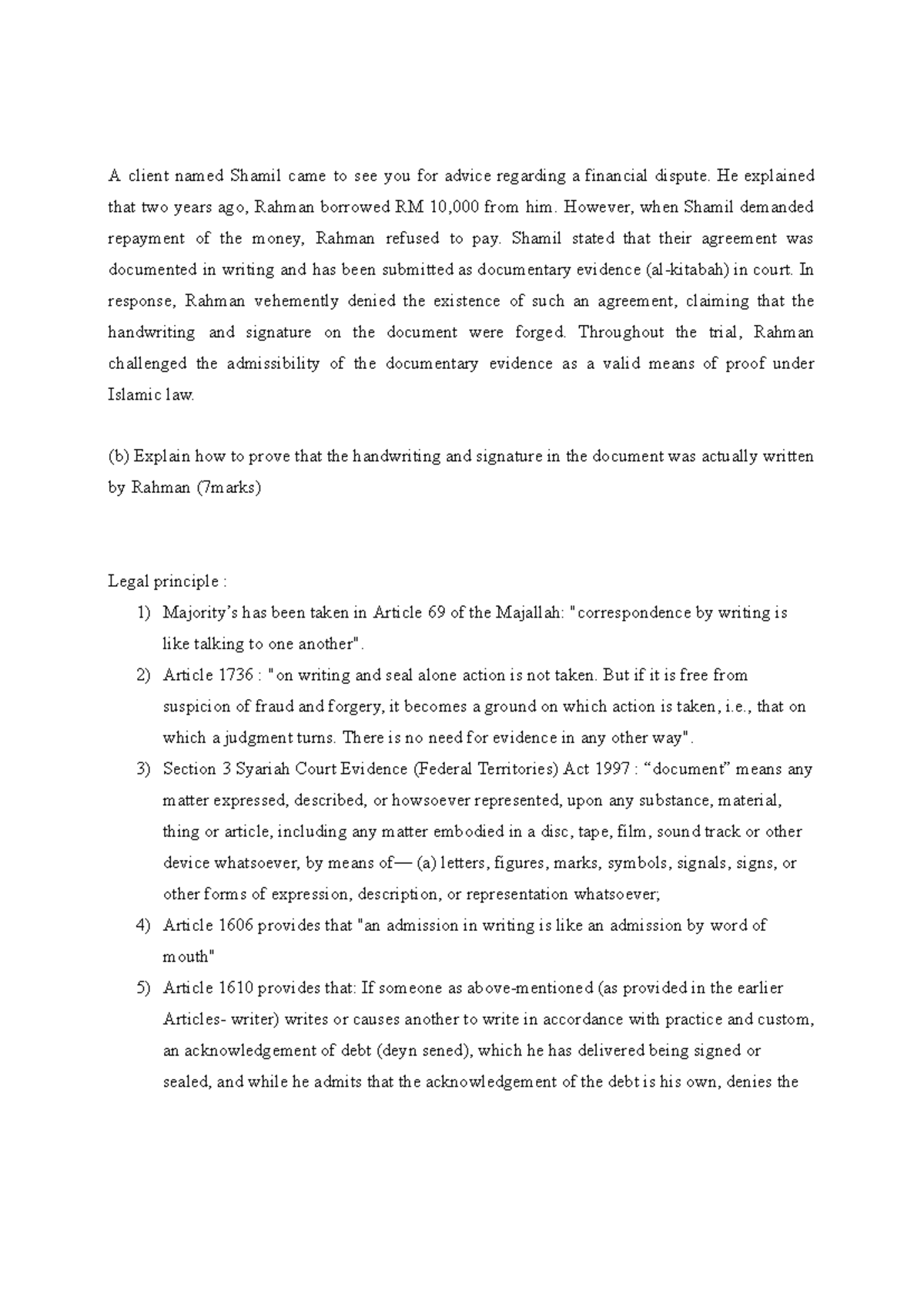 Tutorial Question on Evidence in Shariah Law (LAW123) - Studocu