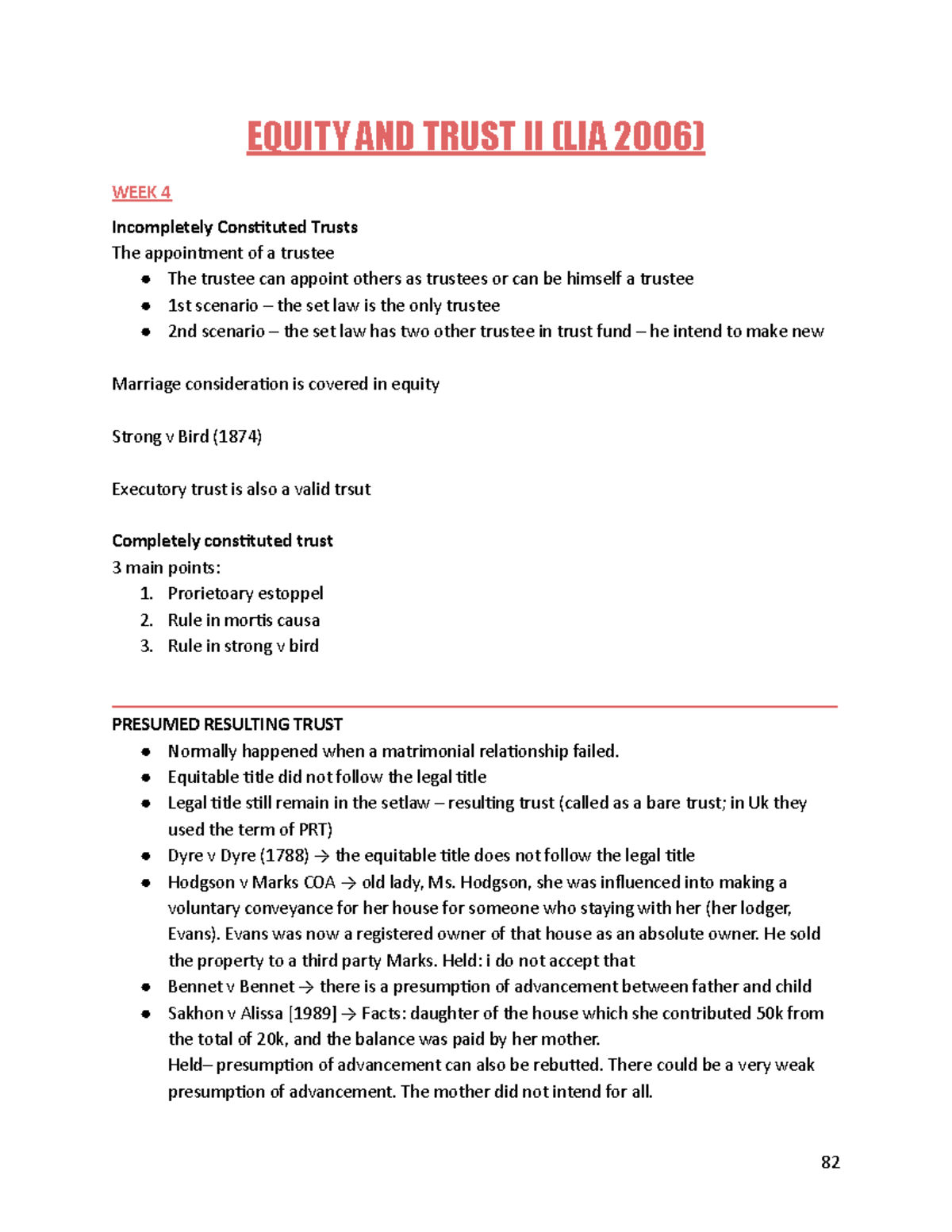 Trust Notes for Weeks 4-5 - Equity and Trust II (LIA 2006) - Studocu