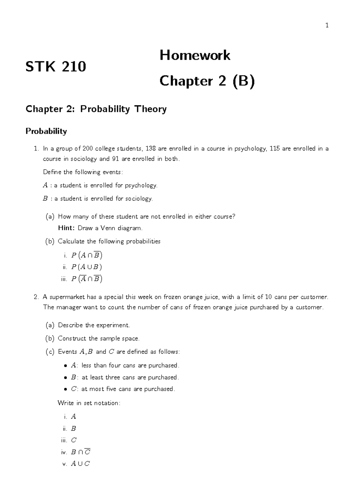 HW STK 210 Chapter 2: Probability Theory Homework Practice - Studocu