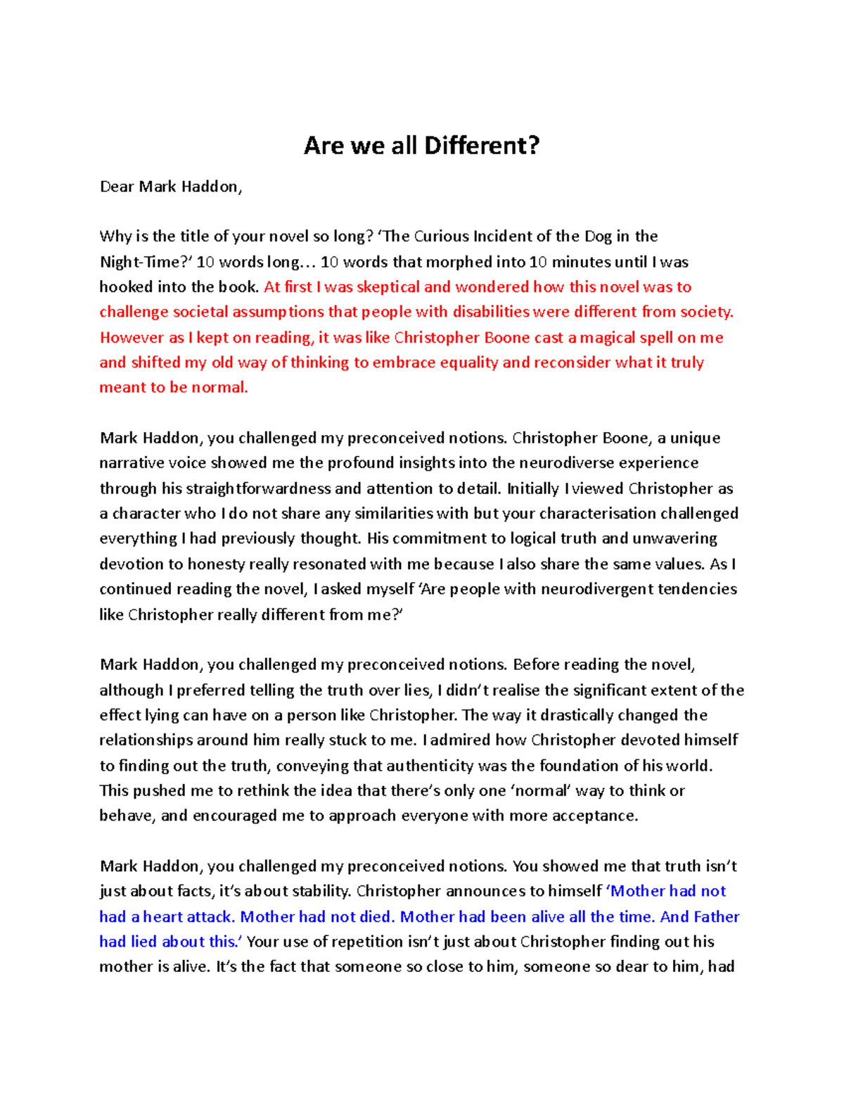 Task 3 Discursive Assessment: Exploring Differences in "The Curious ...