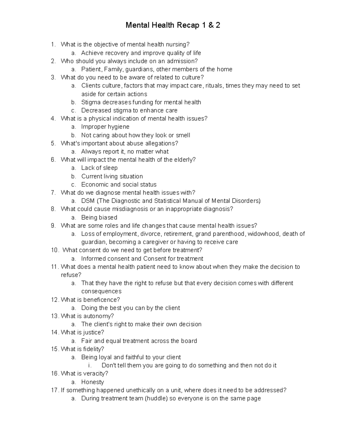 Mental Health Nursing Recap: Key Concepts and Considerations - Studocu