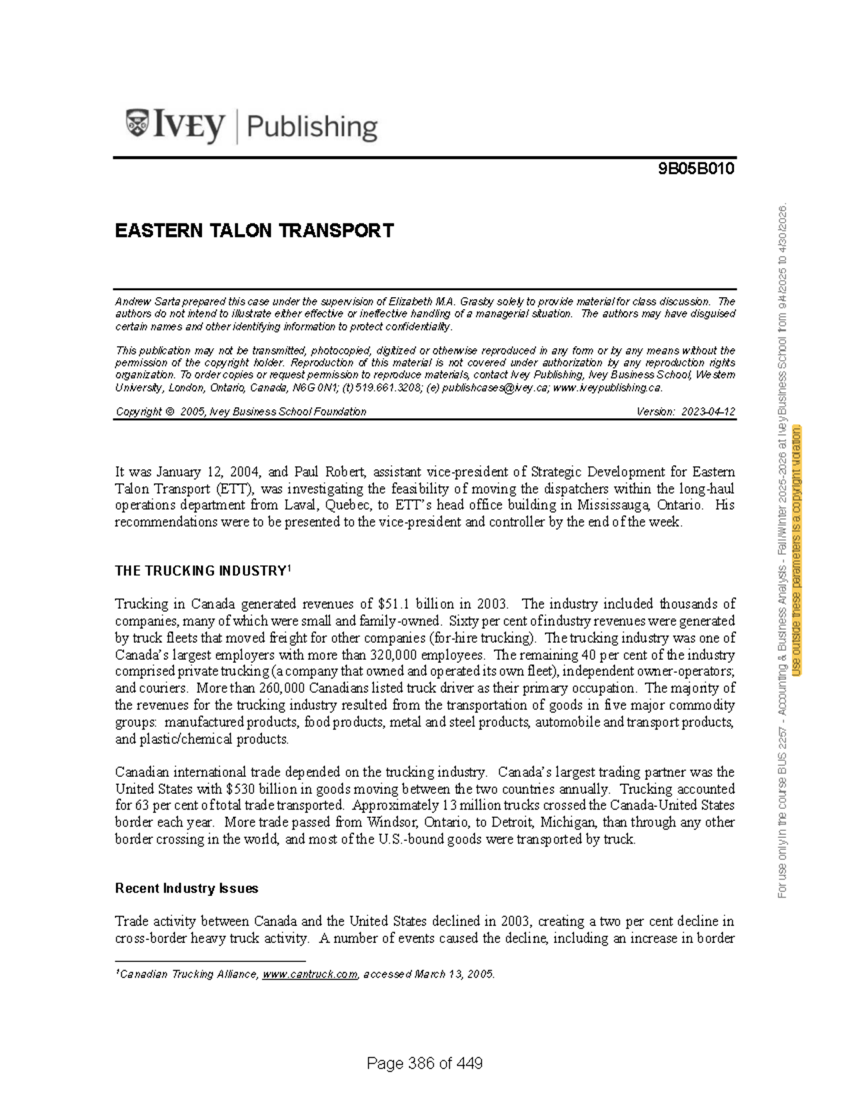 EASTERN TALON TRANSPORT Case Study - BUS 2257 Analysis - Studocu