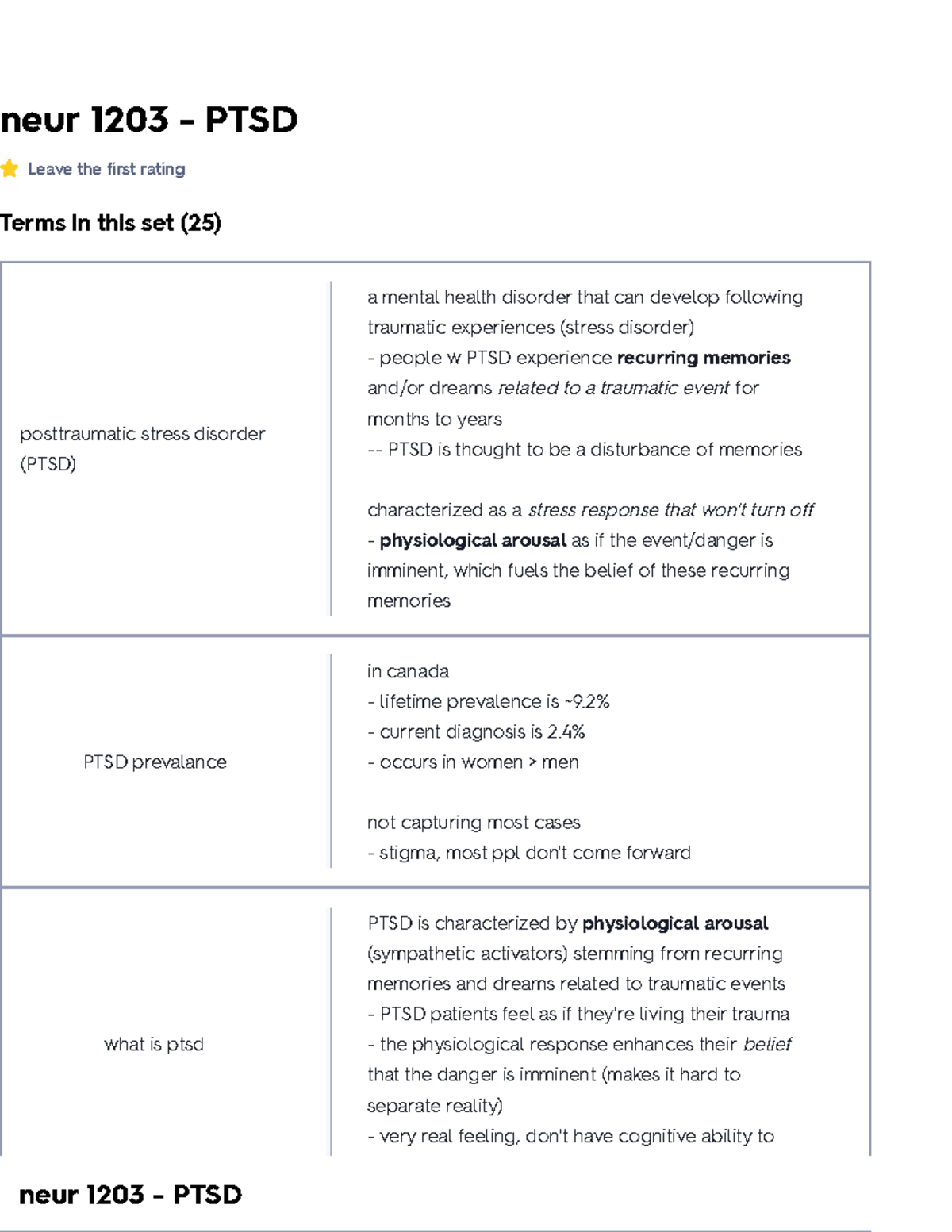 Neur 1203 - PTSD Flashcards - neur 1203 - PTSD Leave the first rating ...