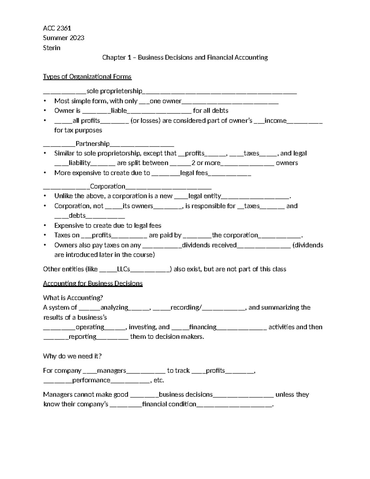 ACC 2361 Summer 2023 Final Exam Notes: Chapter 1 - Business Decisions ...