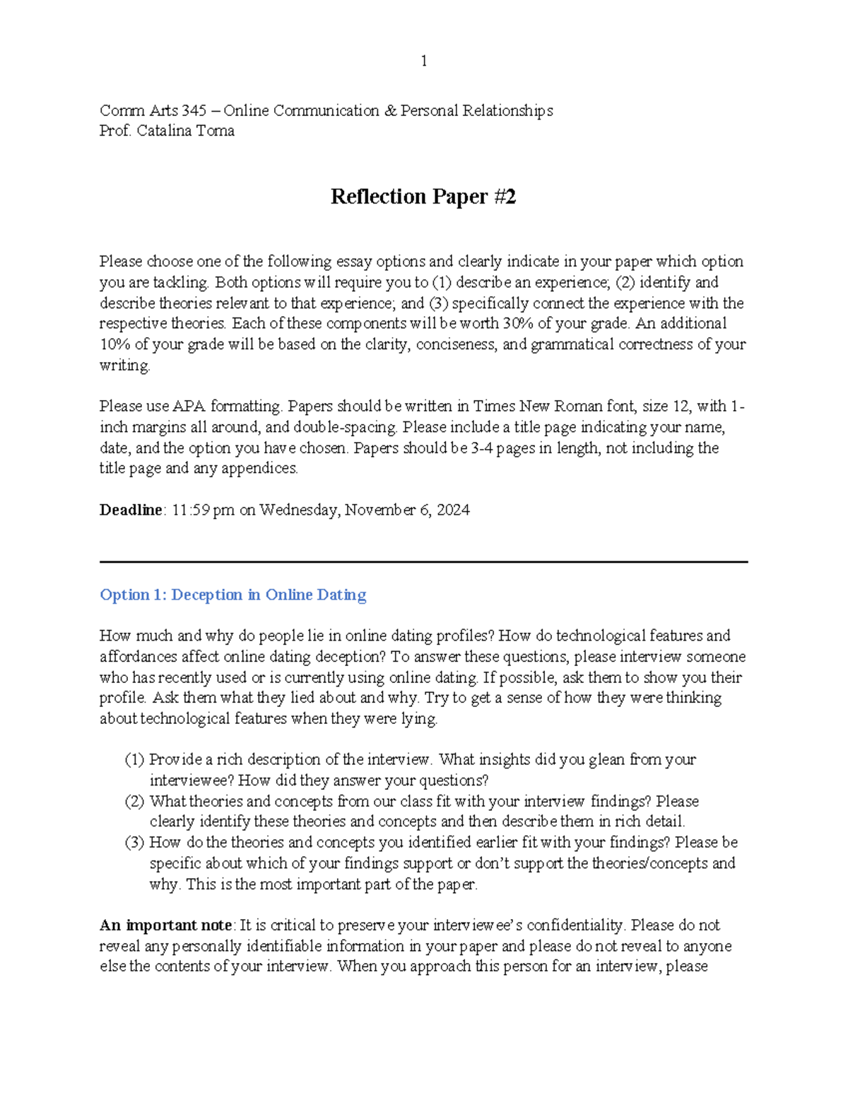 CA 345 Reflection Paper 2 - 1 Comm Arts 345 – Online Communication ...