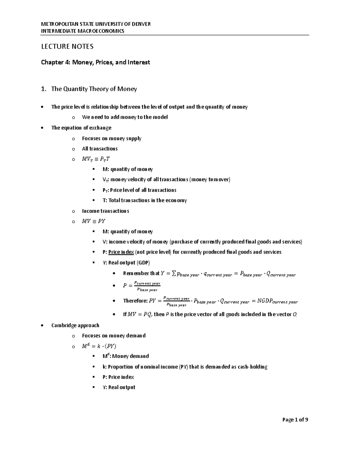 Lecture Notes CH04: Money, Prices, and Interest in Macroeconomics - Studocu