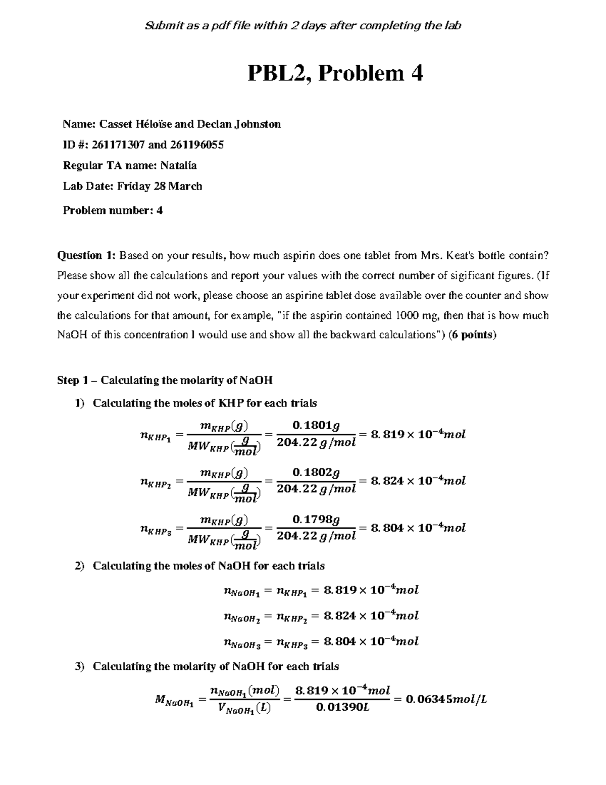 PBL2 lab report on aspirin content analysis and overdose assessment ...