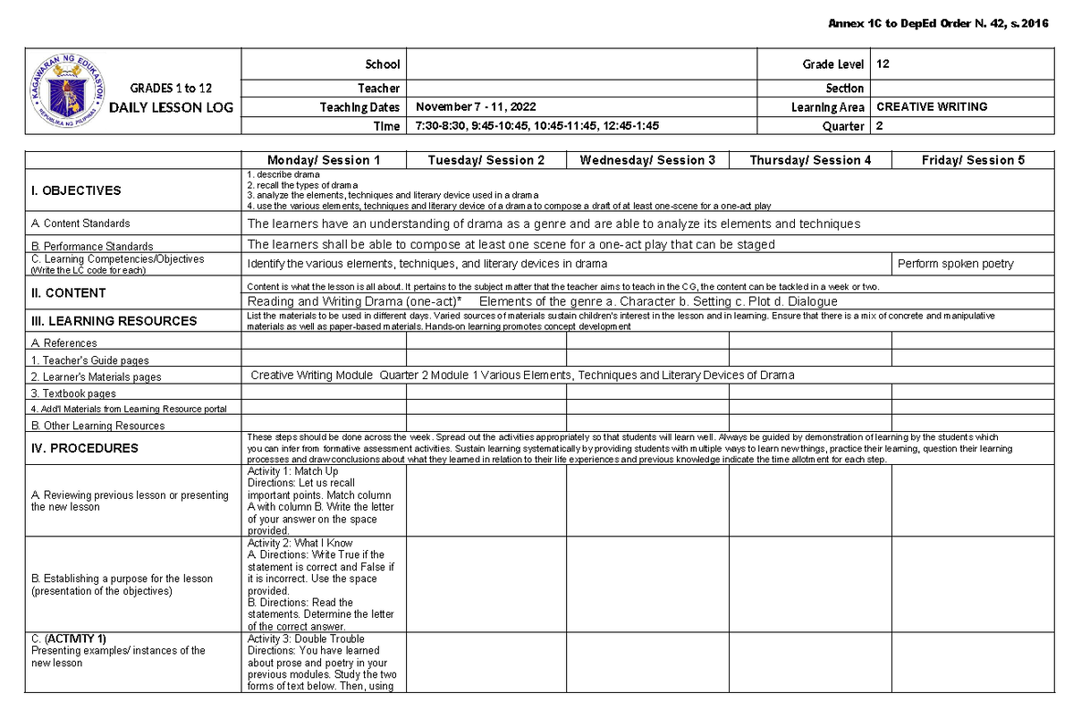 Creative Writing Lesson Plan for Grade 12 (Quarter 2) - Studocu