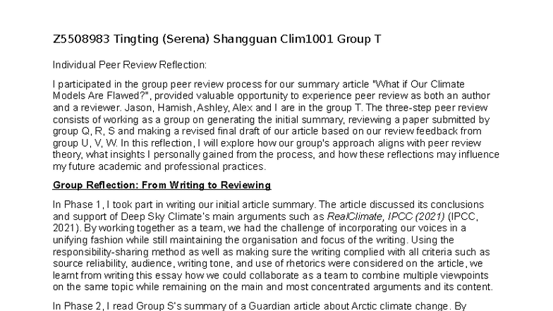 Clim1001 Group T Individual Peer Review Reflection by Z5508983 - Studocu