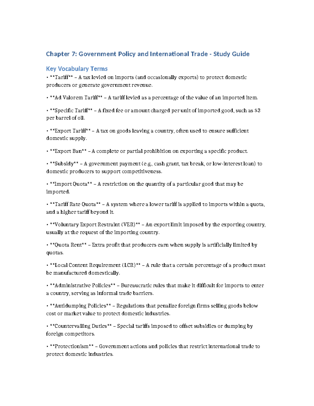 Chapter 7: Government Policy & Int'l Trade Study Guide Final - Studocu