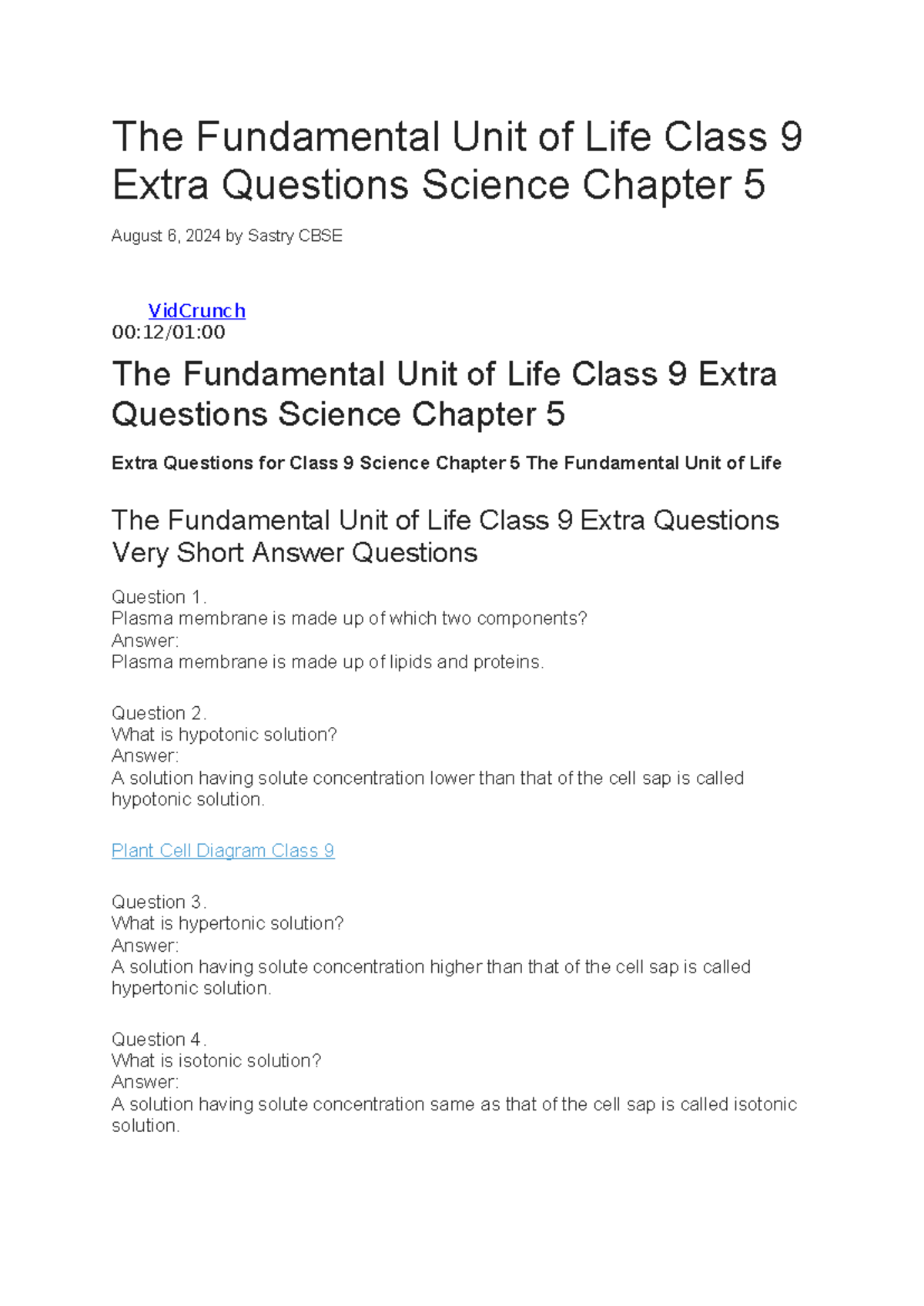 The Fundamental Unit of Life Class 20 Extra Questions Science ...