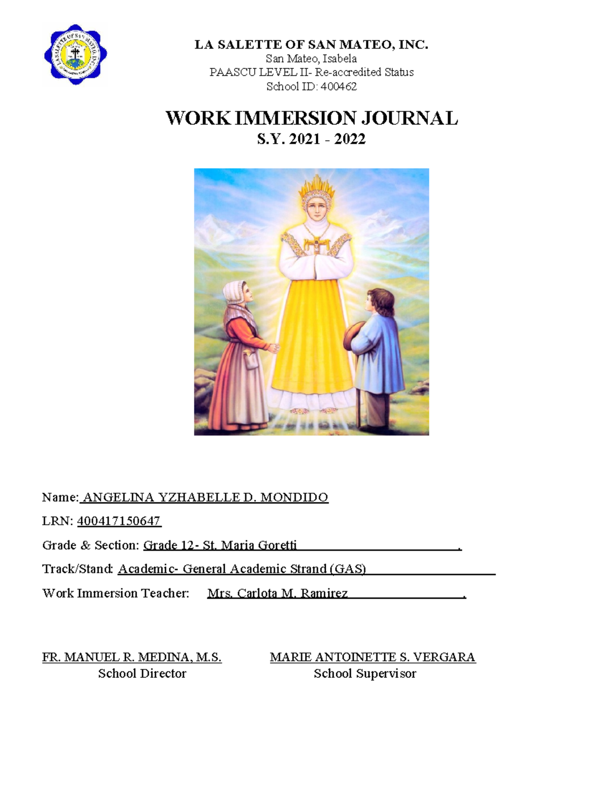 Work Immersion Journal and Portfolio - ANGELINA YZHABELLE D. MONDIDO ...