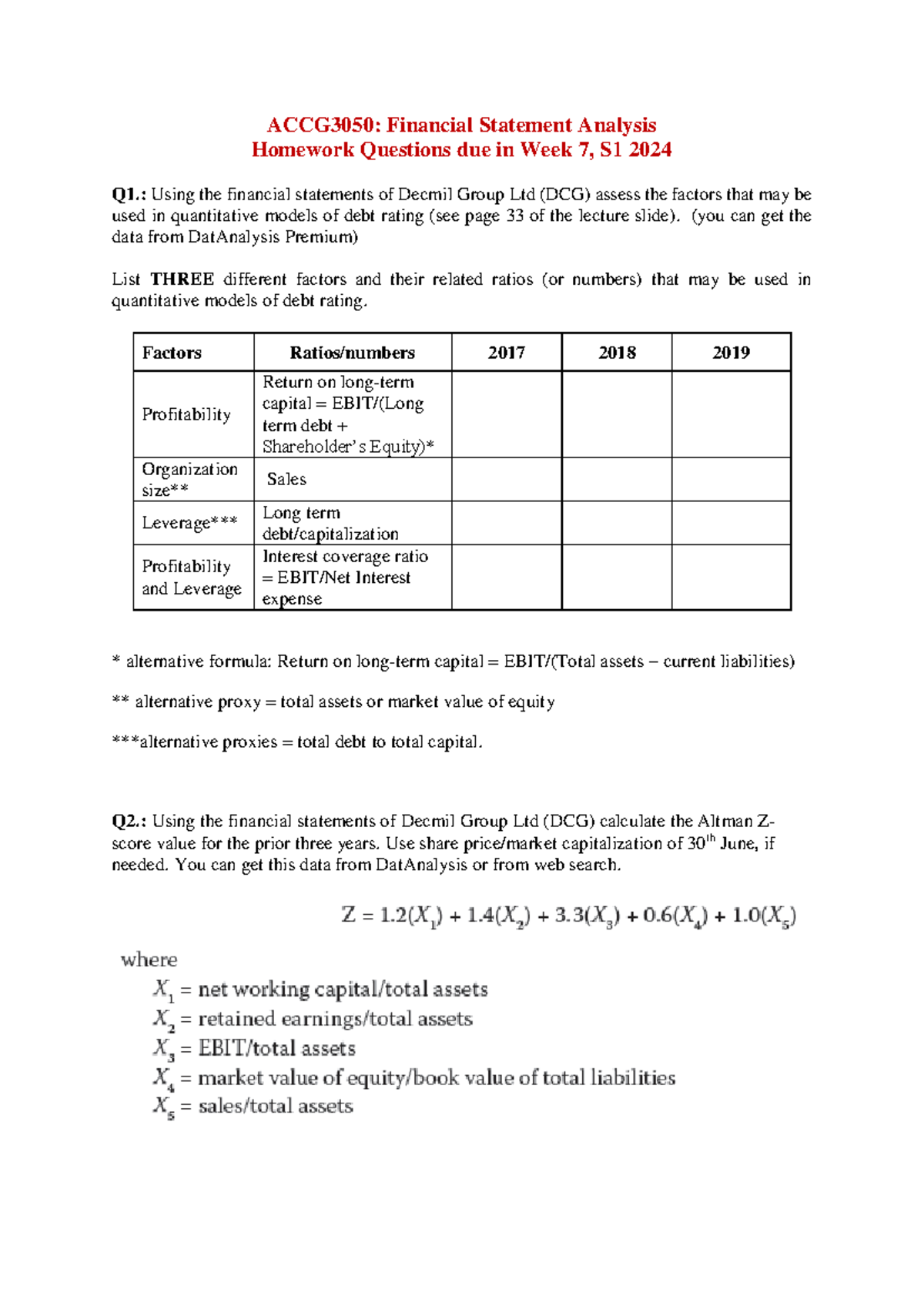 ACCG3050: Financial statement analysis homework questions for week 7 ...
