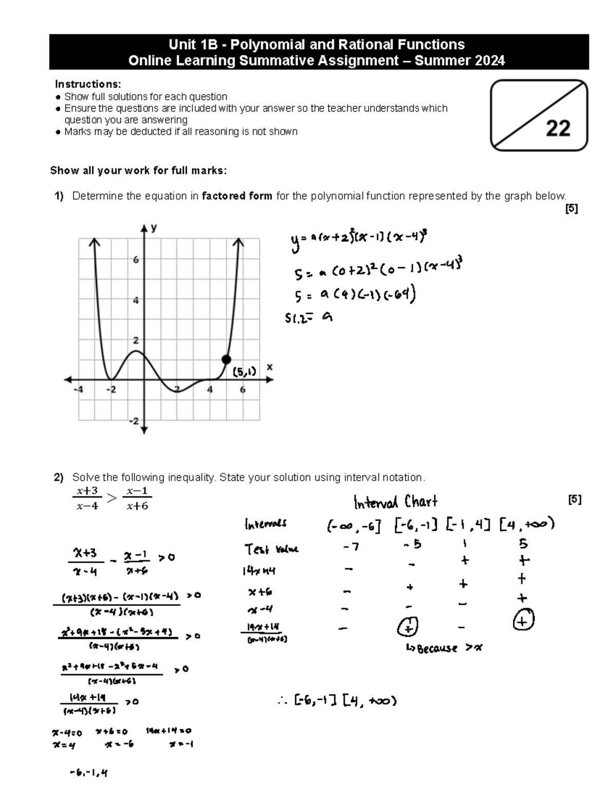 U1B Polynomial & Rational Functions Summative Assignment MHF4U Summer ...