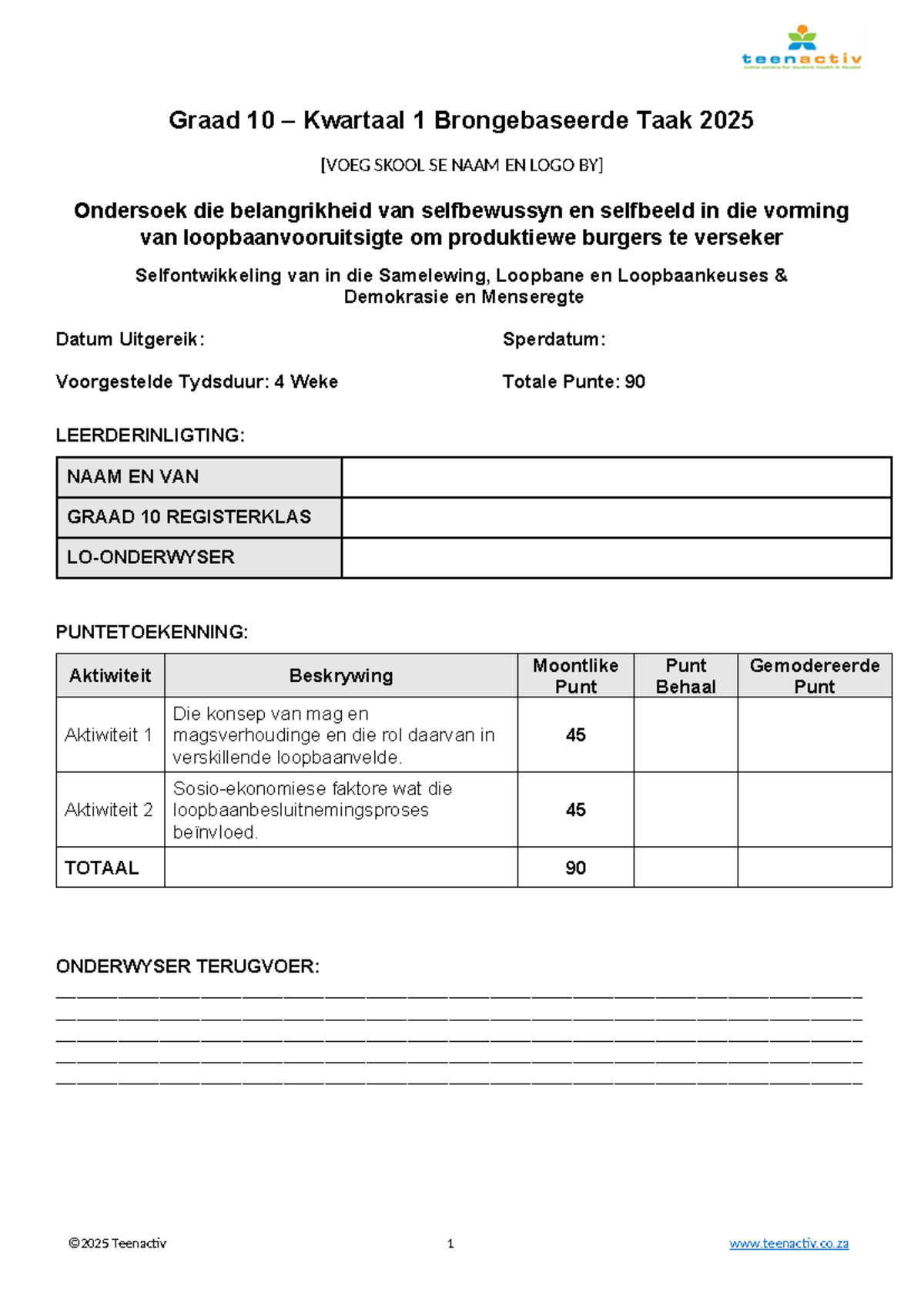 Graad 10 K1 Brongebaseerde Taak: Loopbaanvooruitsigte & Selfbeeld 2025 ...